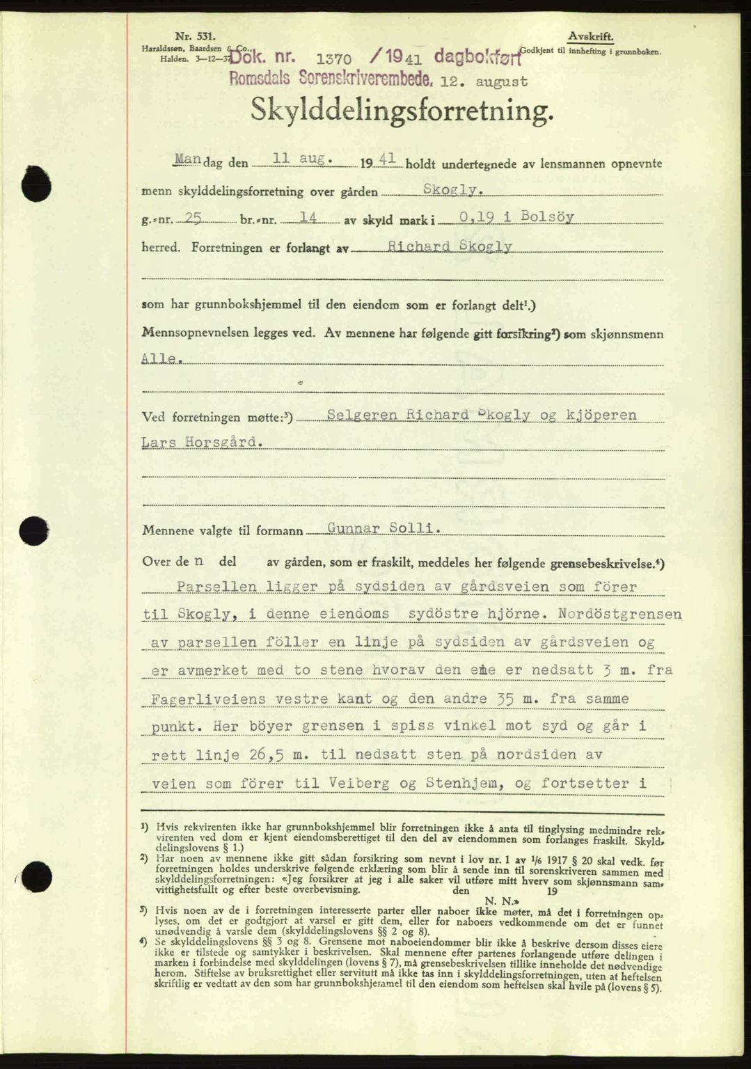 Romsdal sorenskriveri, AV/SAT-A-4149/1/2/2C: Mortgage book no. A10, 1941-1941, Diary no: : 1370/1941