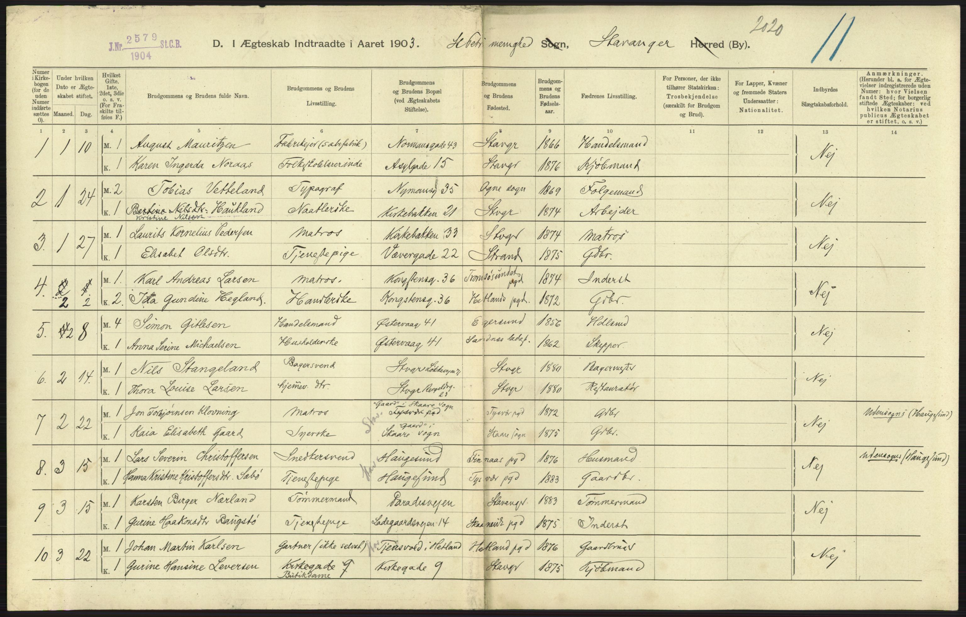 Statistisk sentralbyrå, Sosiodemografiske emner, Befolkning, AV/RA-S-2228/D/Df/Dfa/Dfaa/L0012: Stavanger amt: Fødte, gifte, døde, 1903, p. 609