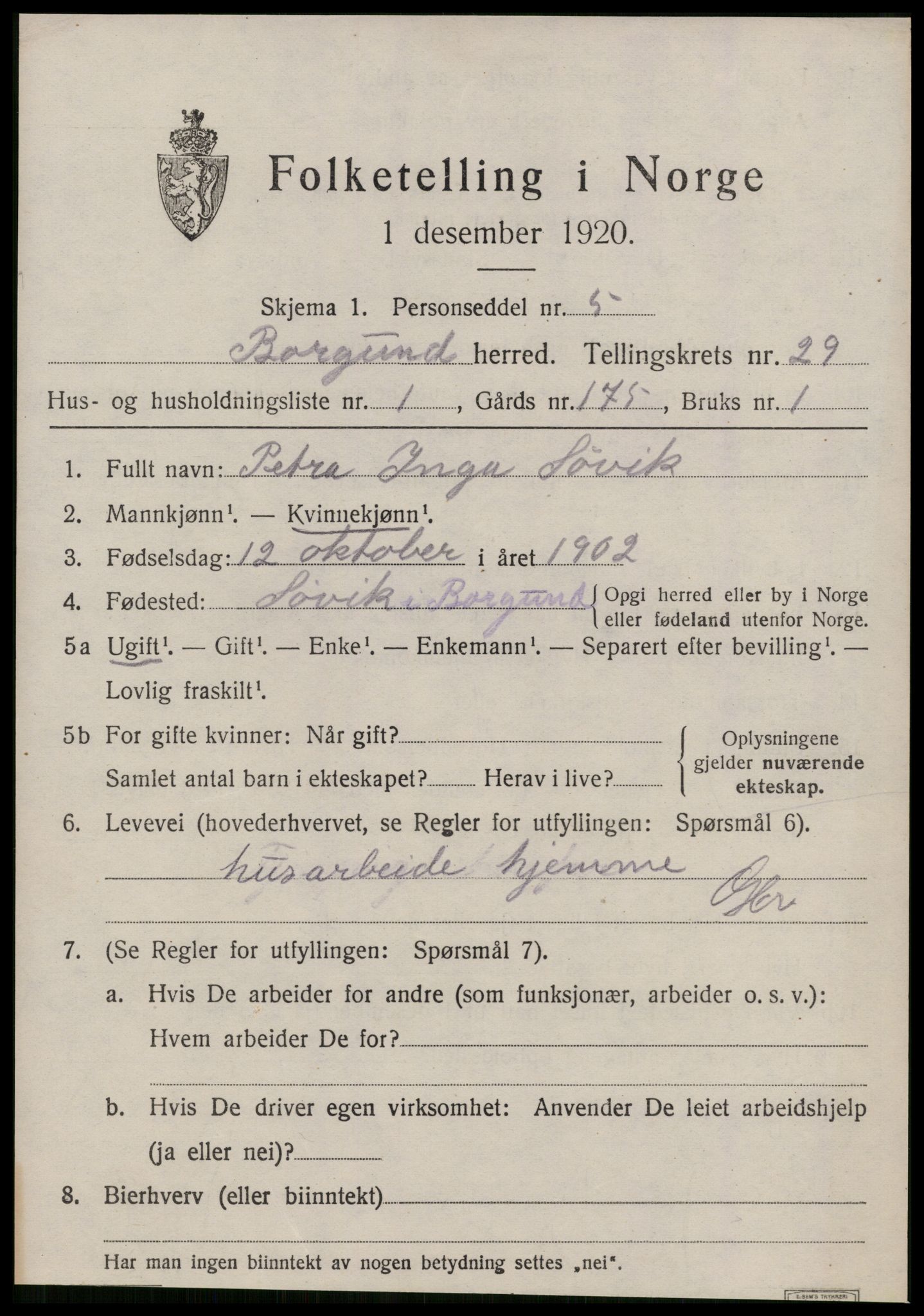 SAT, 1920 census for Borgund, 1920, p. 18640