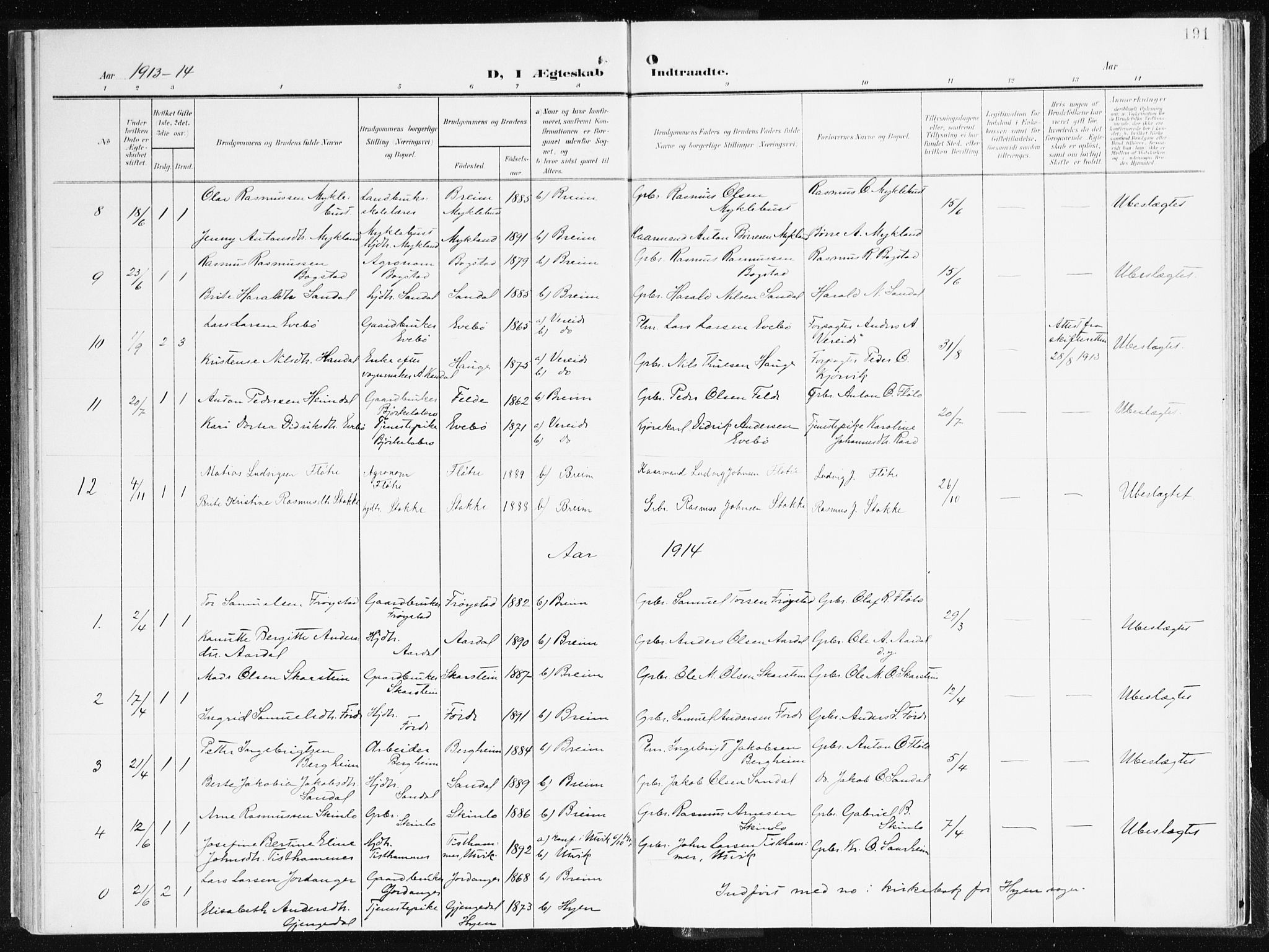 Gloppen sokneprestembete, SAB/A-80101/H/Haa/Haac/L0003: Parish register (official) no. C 3, 1904-1921, p. 191