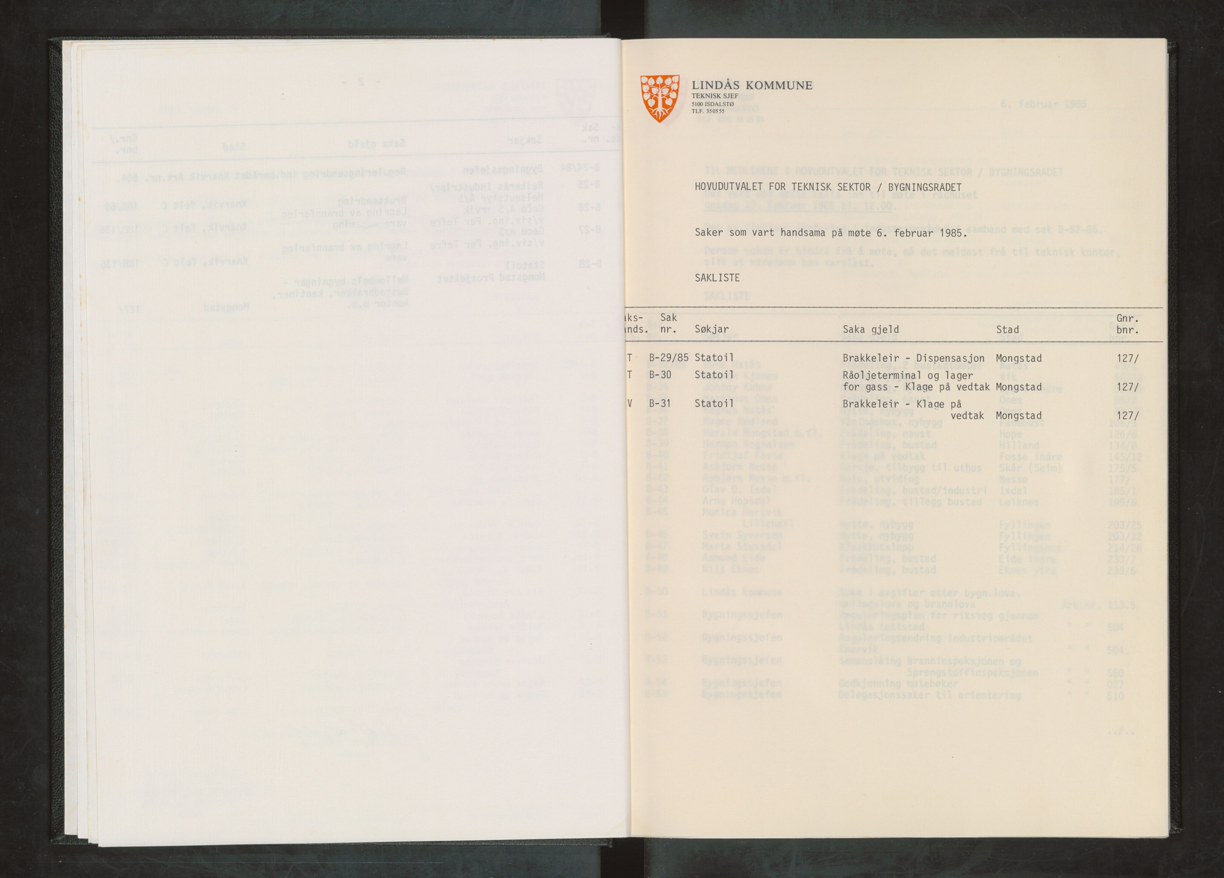 Lindås kommune. Bygningsrådet, IKAH/1263-511/A/Aa/L0054: Møtebok for Lindås bygningsråd, 1985