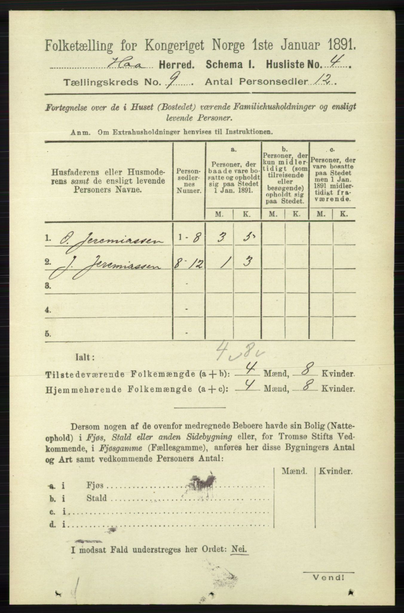 RA, 1891 census for 1119 Hå, 1891, p. 2169