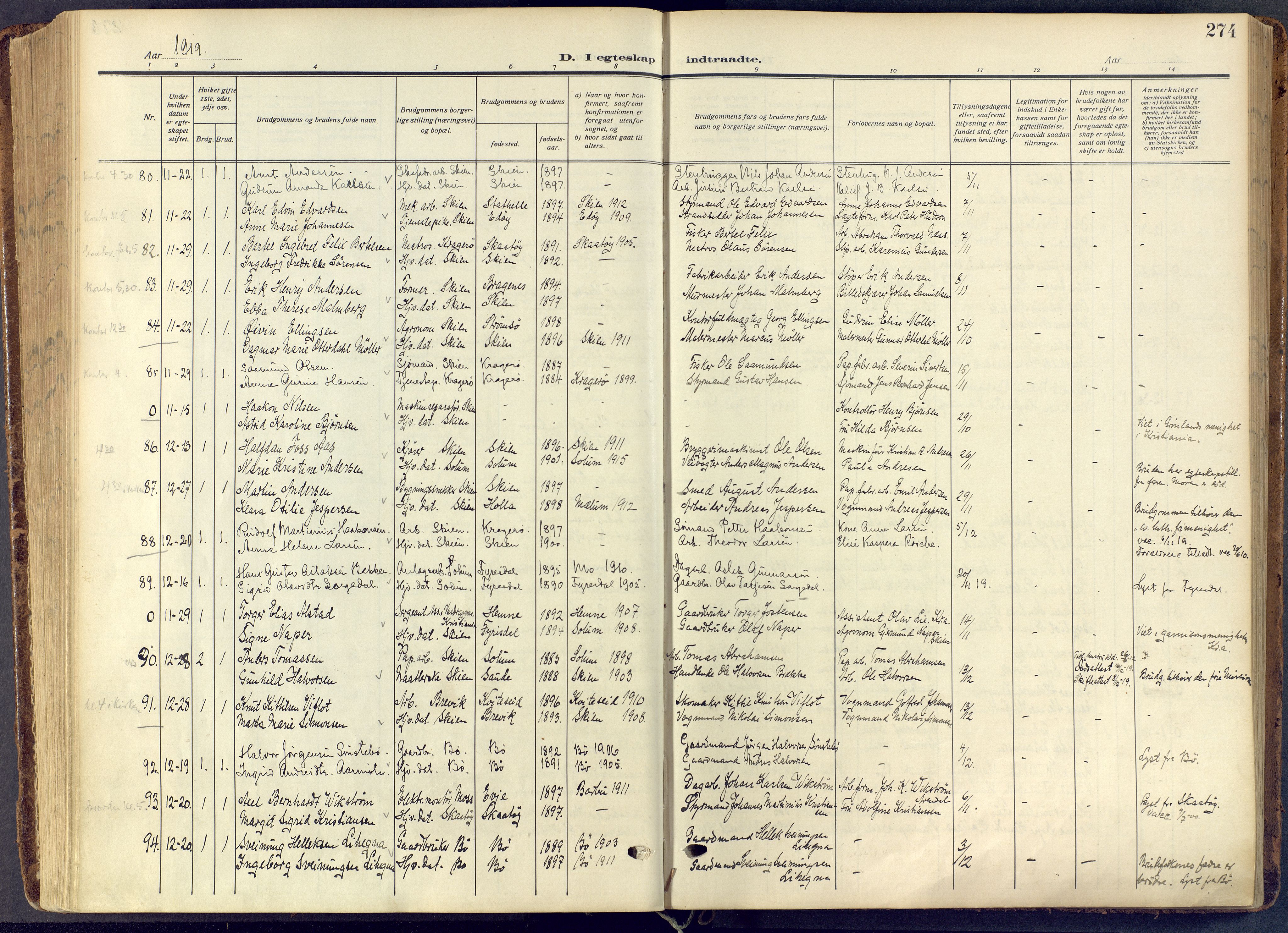 Skien kirkebøker, AV/SAKO-A-302/F/Fa/L0013: Parish register (official) no. 13, 1915-1921, p. 274