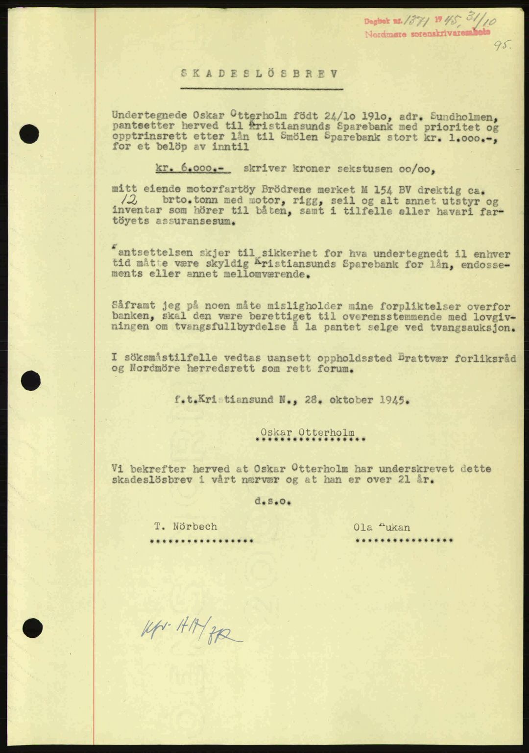 Nordmøre sorenskriveri, AV/SAT-A-4132/1/2/2Ca: Mortgage book no. B93a, 1945-1945, Diary no: : 1371/1945