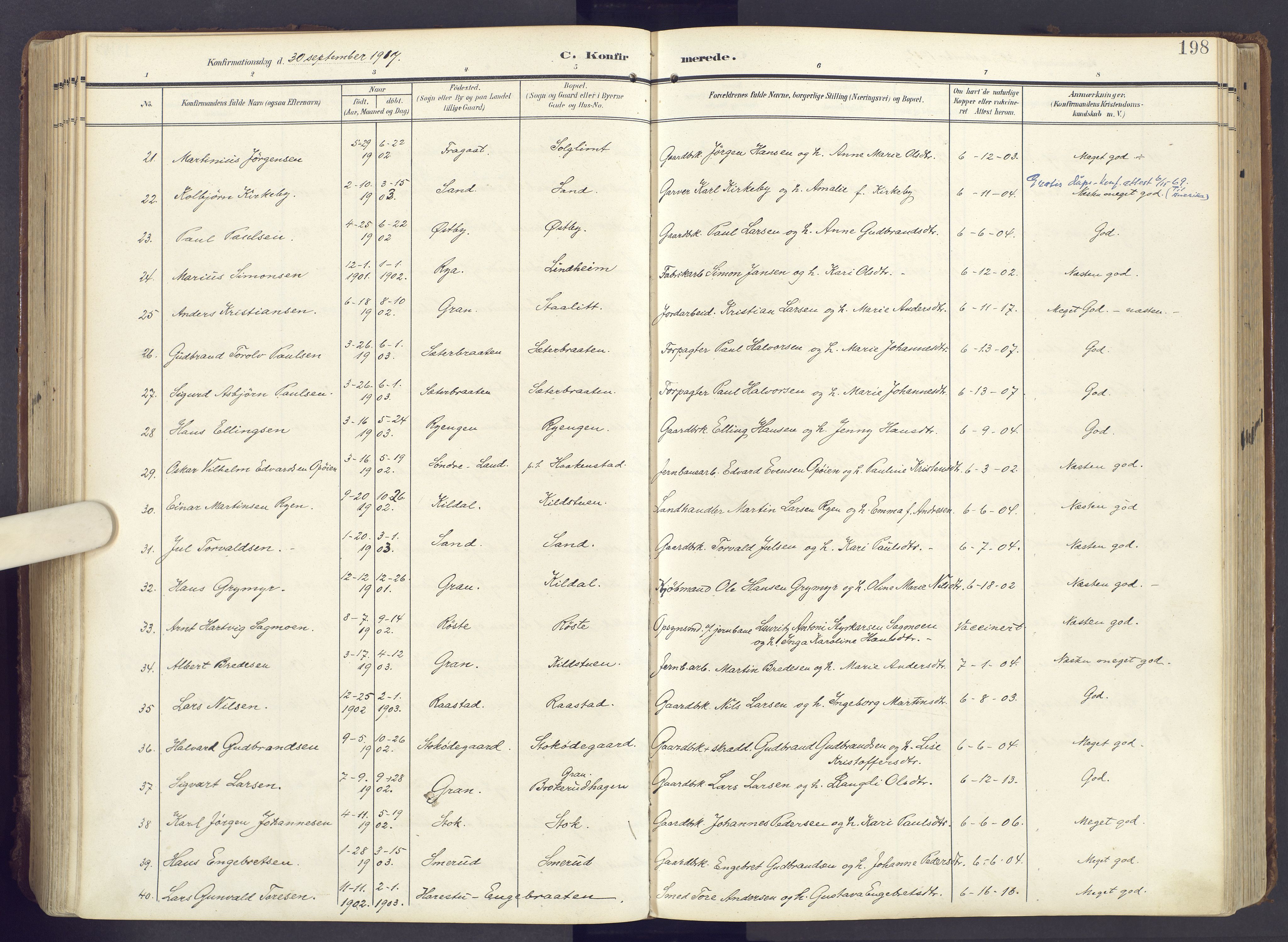 Lunner prestekontor, SAH/PREST-118/H/Ha/Haa/L0001: Parish register (official) no. 1, 1907-1922, p. 198