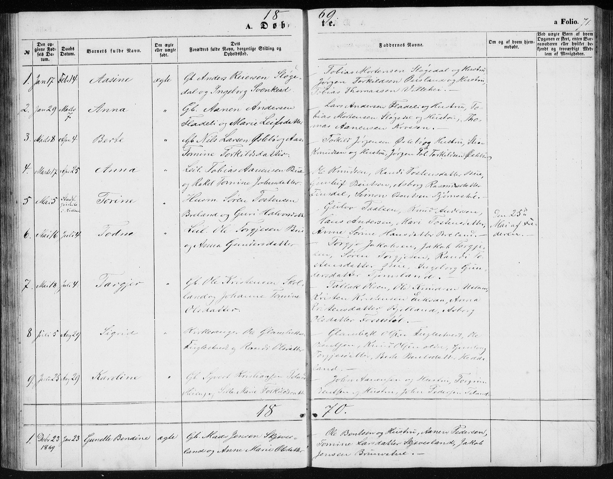 Holum sokneprestkontor, SAK/1111-0022/F/Fb/Fbc/L0002: Parish register (copy) no. B 2, 1860-1882, p. 71