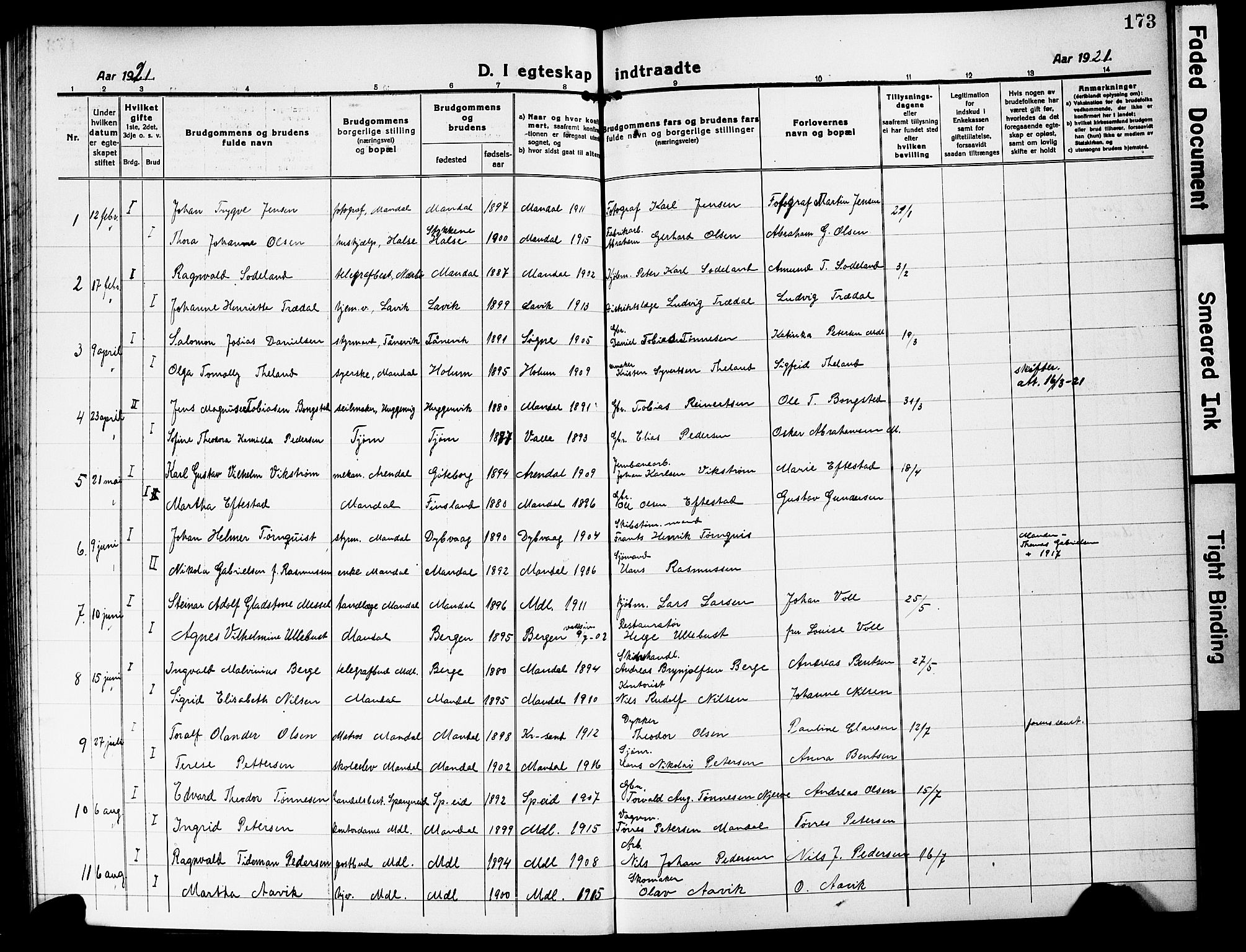 Mandal sokneprestkontor, AV/SAK-1111-0030/F/Fb/Fbc/L0001: Parish register (copy) no. B 1, 1918-1931, p. 173