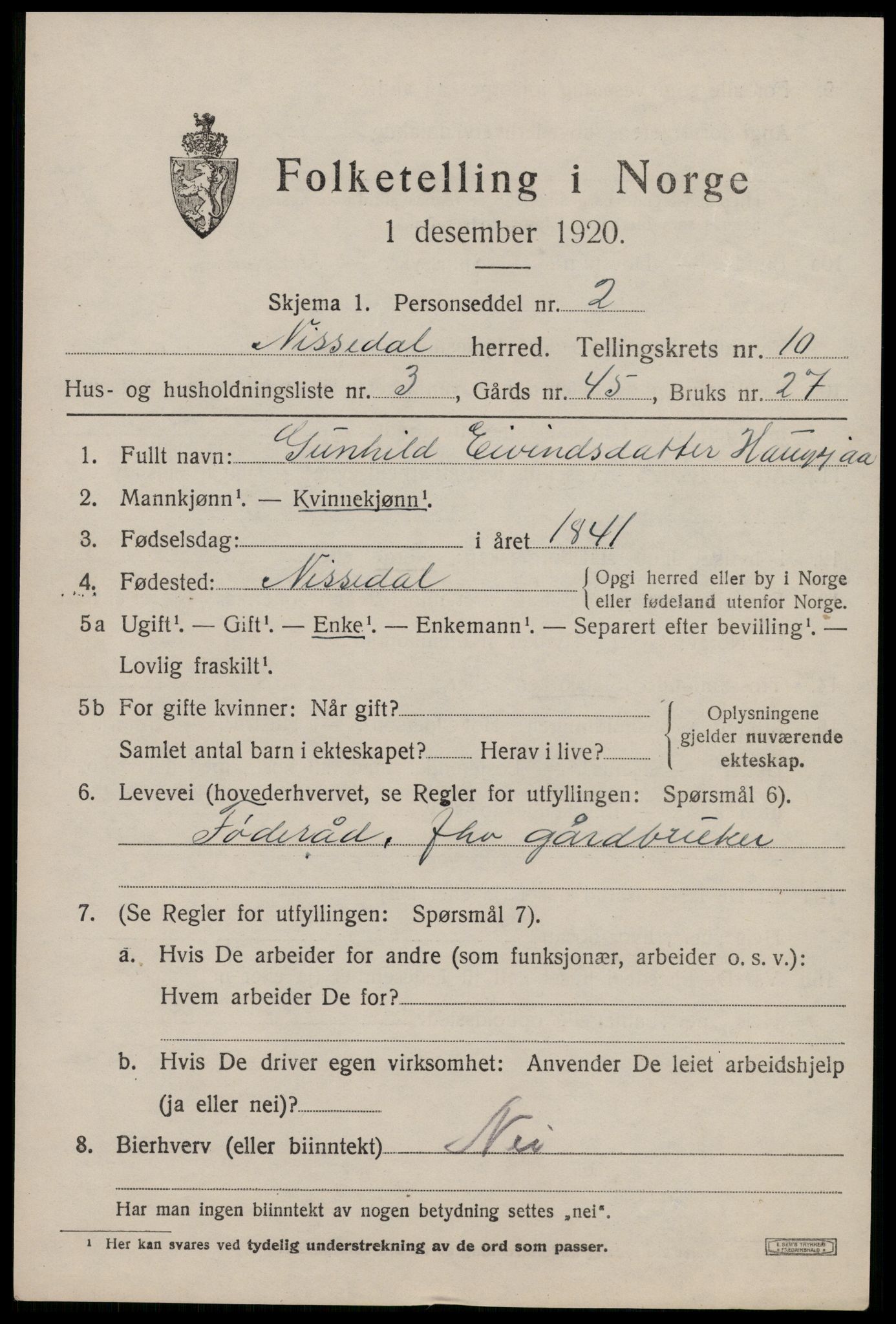 SAKO, 1920 census for Nissedal, 1920, p. 3903
