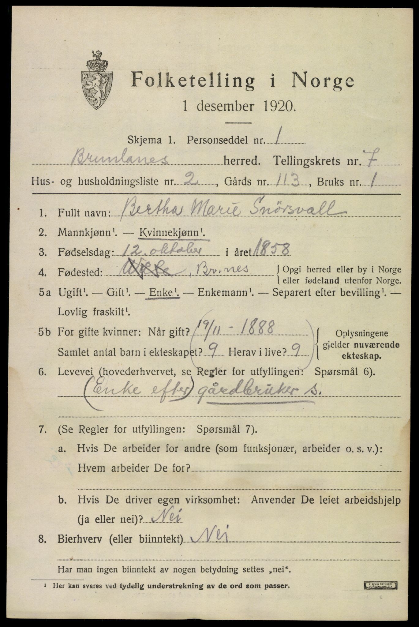 SAKO, 1920 census for Brunlanes, 1920, p. 7077