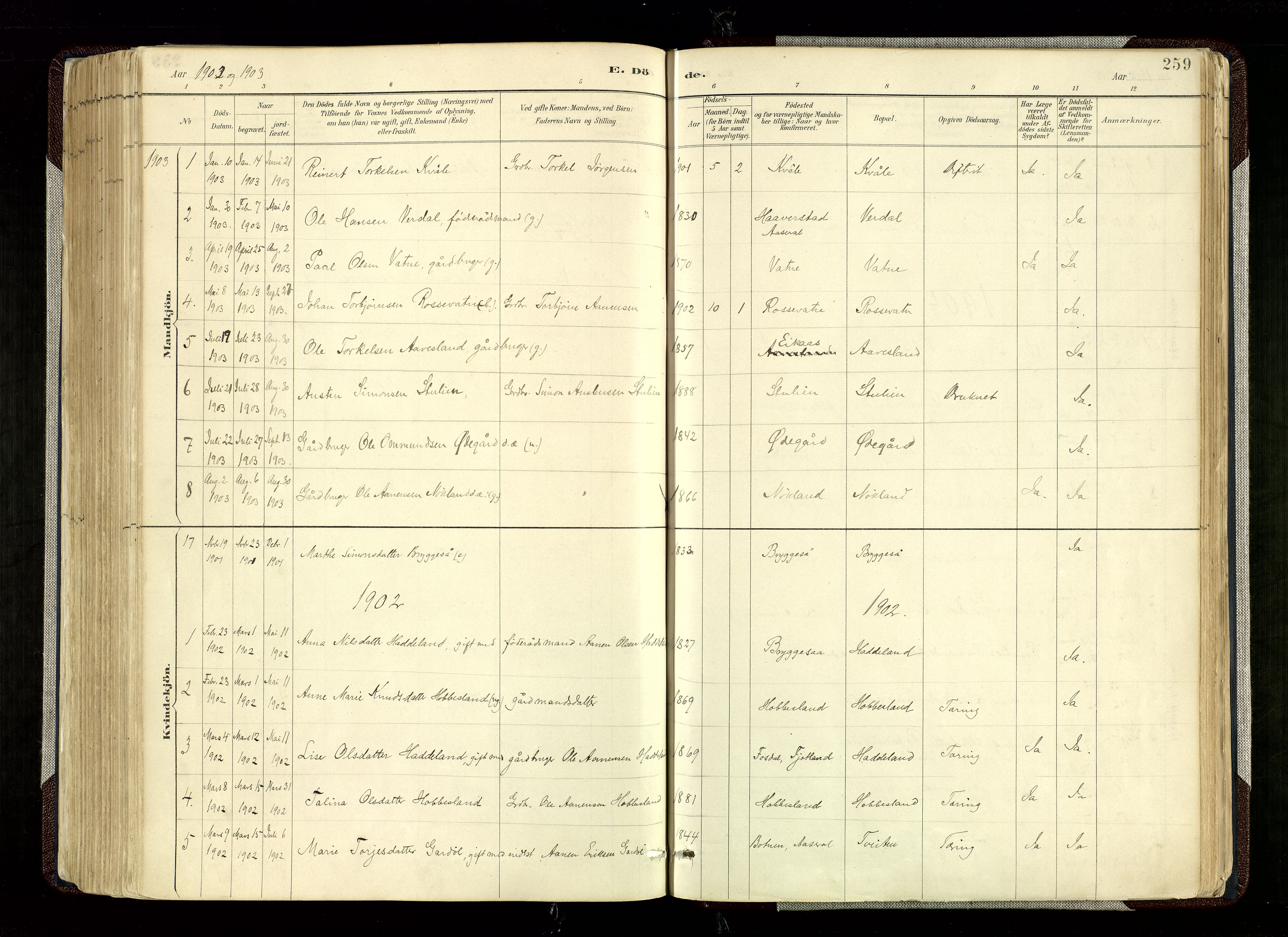Hægebostad sokneprestkontor, SAK/1111-0024/F/Fa/Fab/L0004: Parish register (official) no. A 4, 1887-1929, p. 259