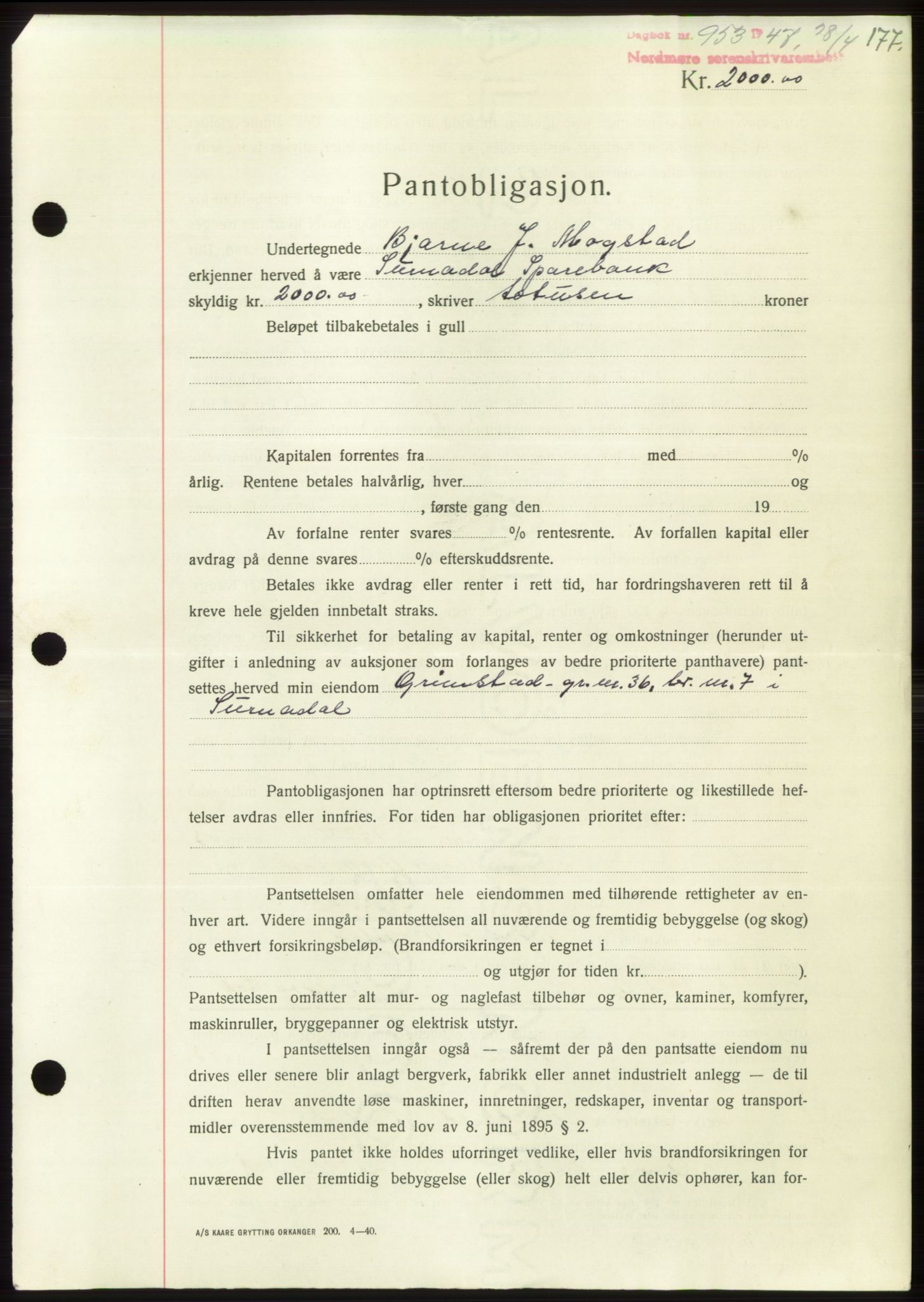 Nordmøre sorenskriveri, AV/SAT-A-4132/1/2/2Ca: Mortgage book no. B96, 1947-1947, Diary no: : 953/1947