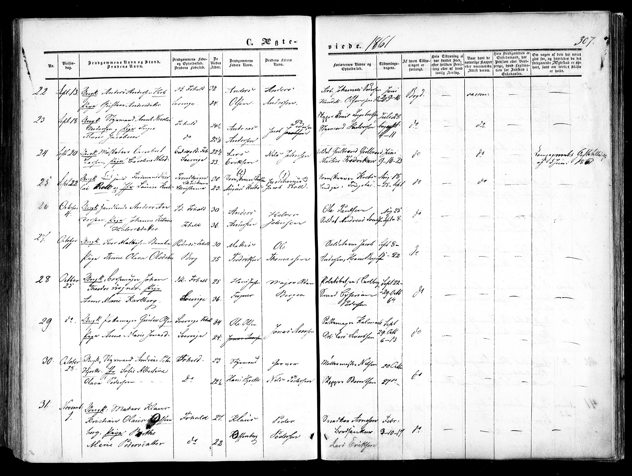 Halden prestekontor Kirkebøker, AV/SAO-A-10909/F/Fa/L0007: Parish register (official) no. I 7, 1857-1865, p. 307