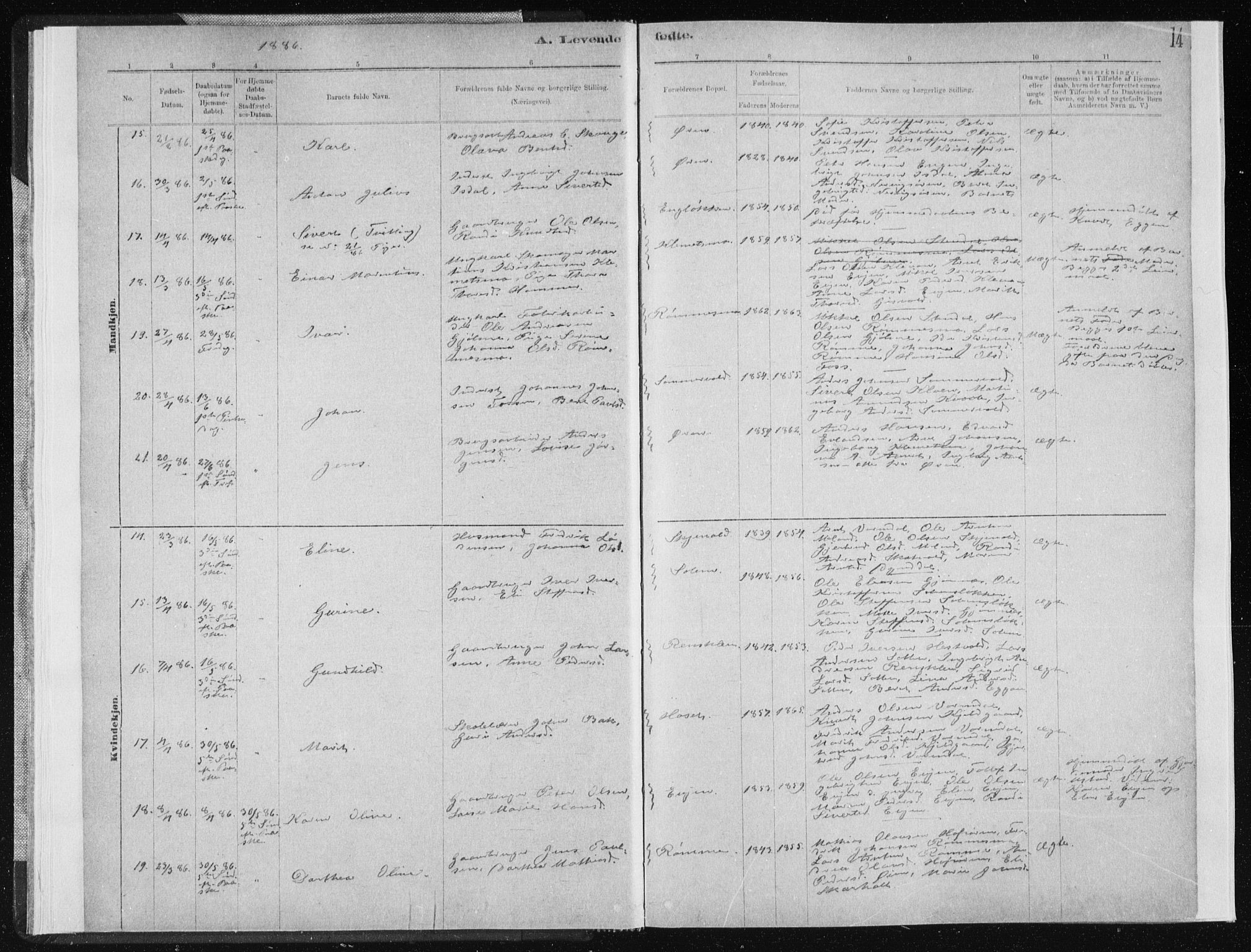 Ministerialprotokoller, klokkerbøker og fødselsregistre - Sør-Trøndelag, AV/SAT-A-1456/668/L0818: Parish register (copy) no. 668C07, 1885-1898, p. 14