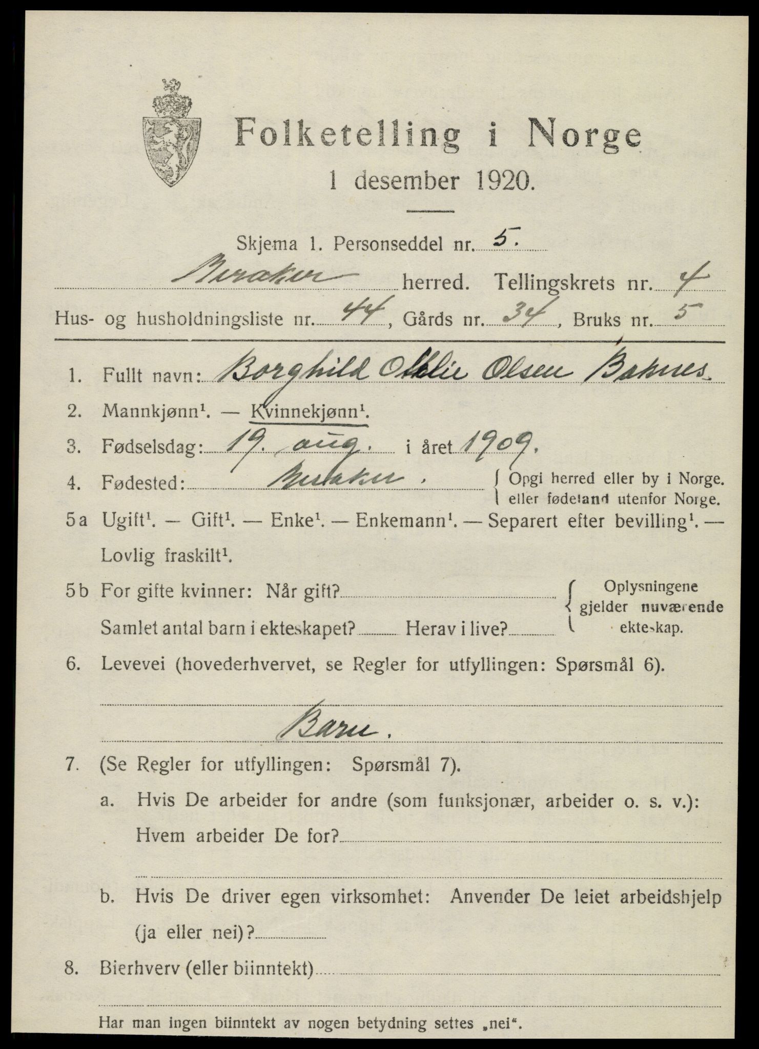 SAT, 1920 census for Meråker, 1920, p. 4020