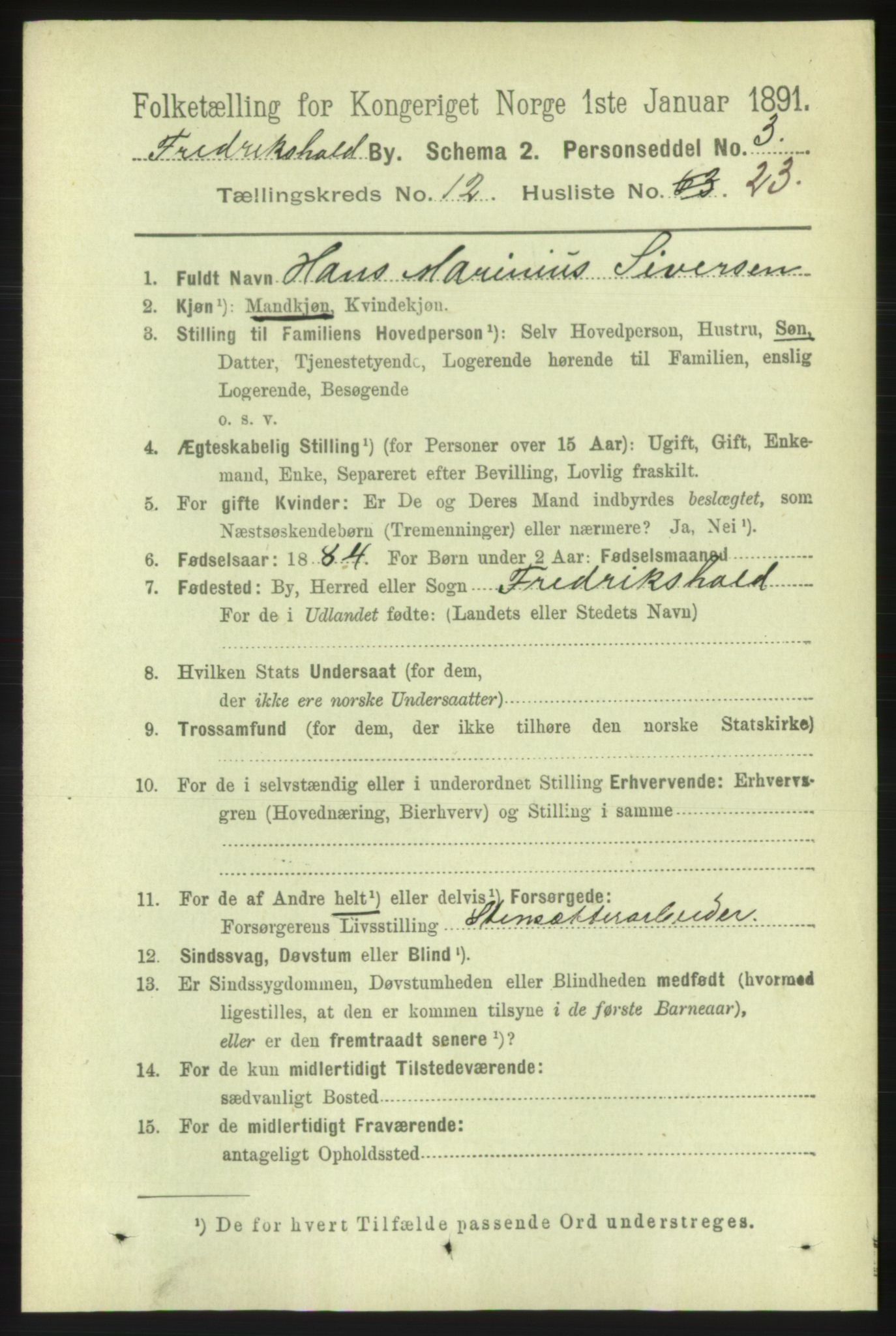 RA, 1891 census for 0101 Fredrikshald, 1891, p. 8565