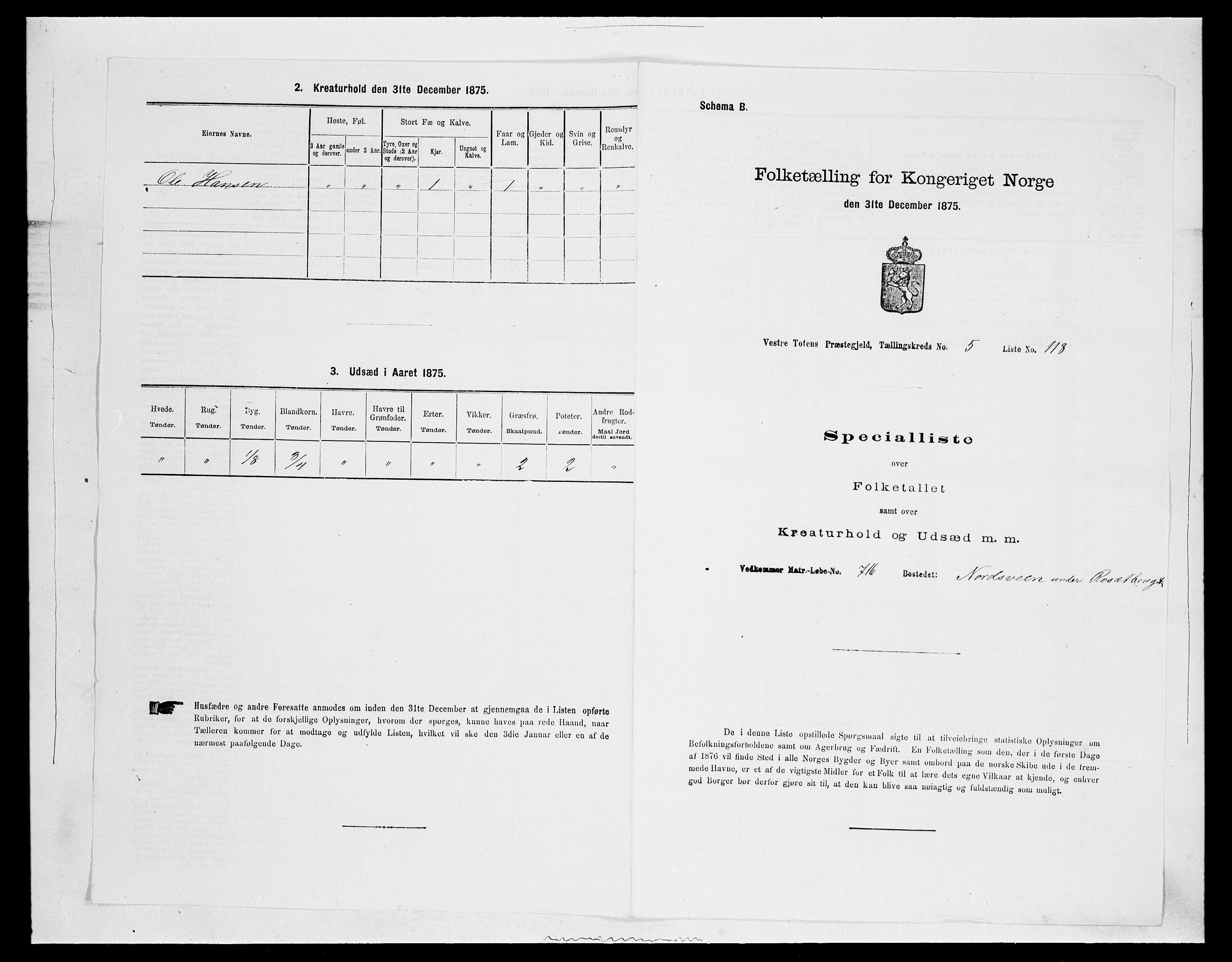 SAH, 1875 census for 0529P Vestre Toten, 1875, p. 1140