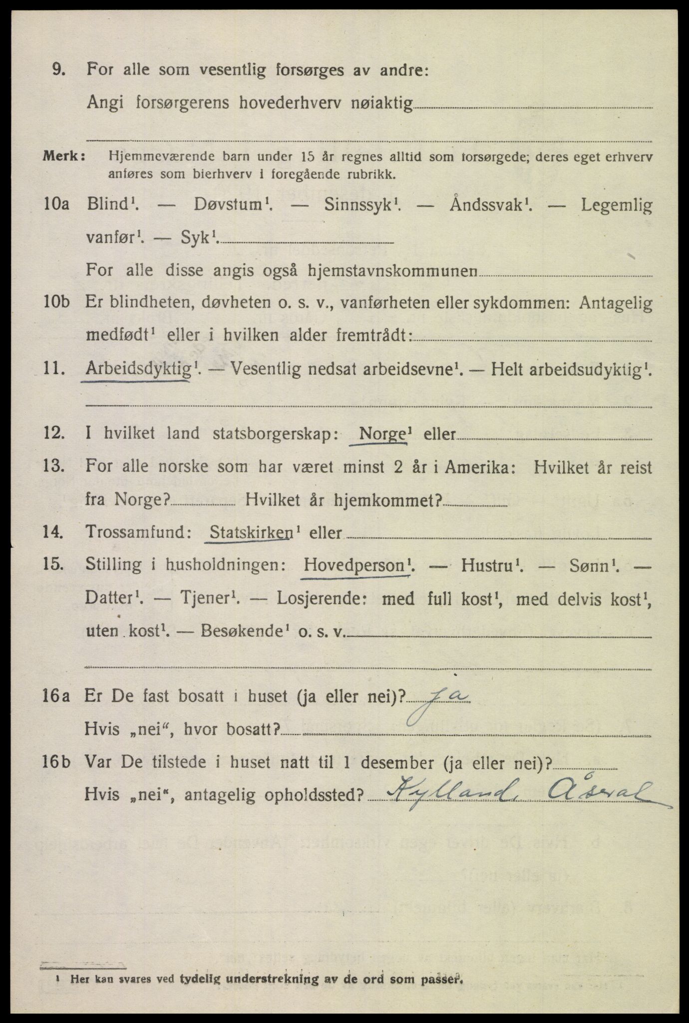 SAK, 1920 census for Åseral, 1920, p. 2425