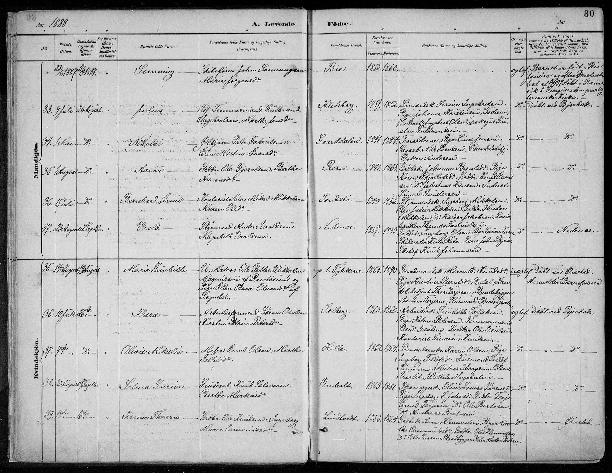 Øyestad sokneprestkontor, AV/SAK-1111-0049/F/Fa/L0017: Parish register (official) no. A 17, 1887-1896, p. 30