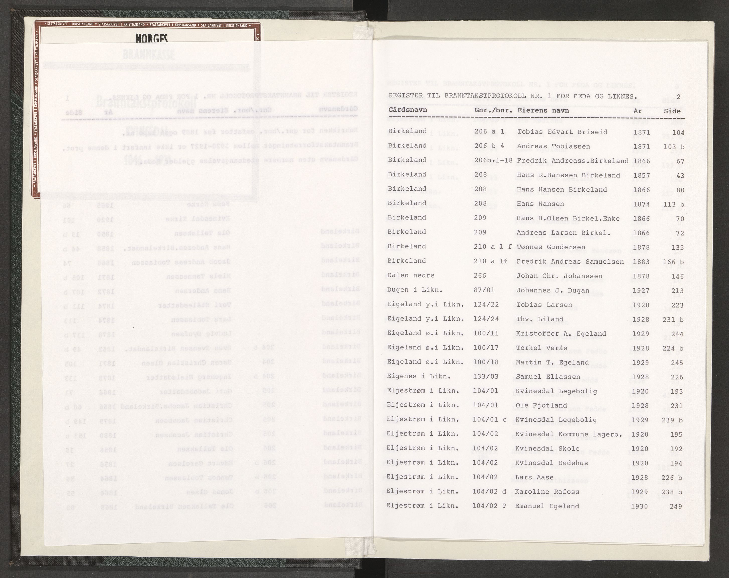 Norges Brannkasse Feda, AV/SAK-2241-0012/F/Fa/L0001: Branntakstprotokoll nr. 1 med gårdsnavnregister, 1846-1931