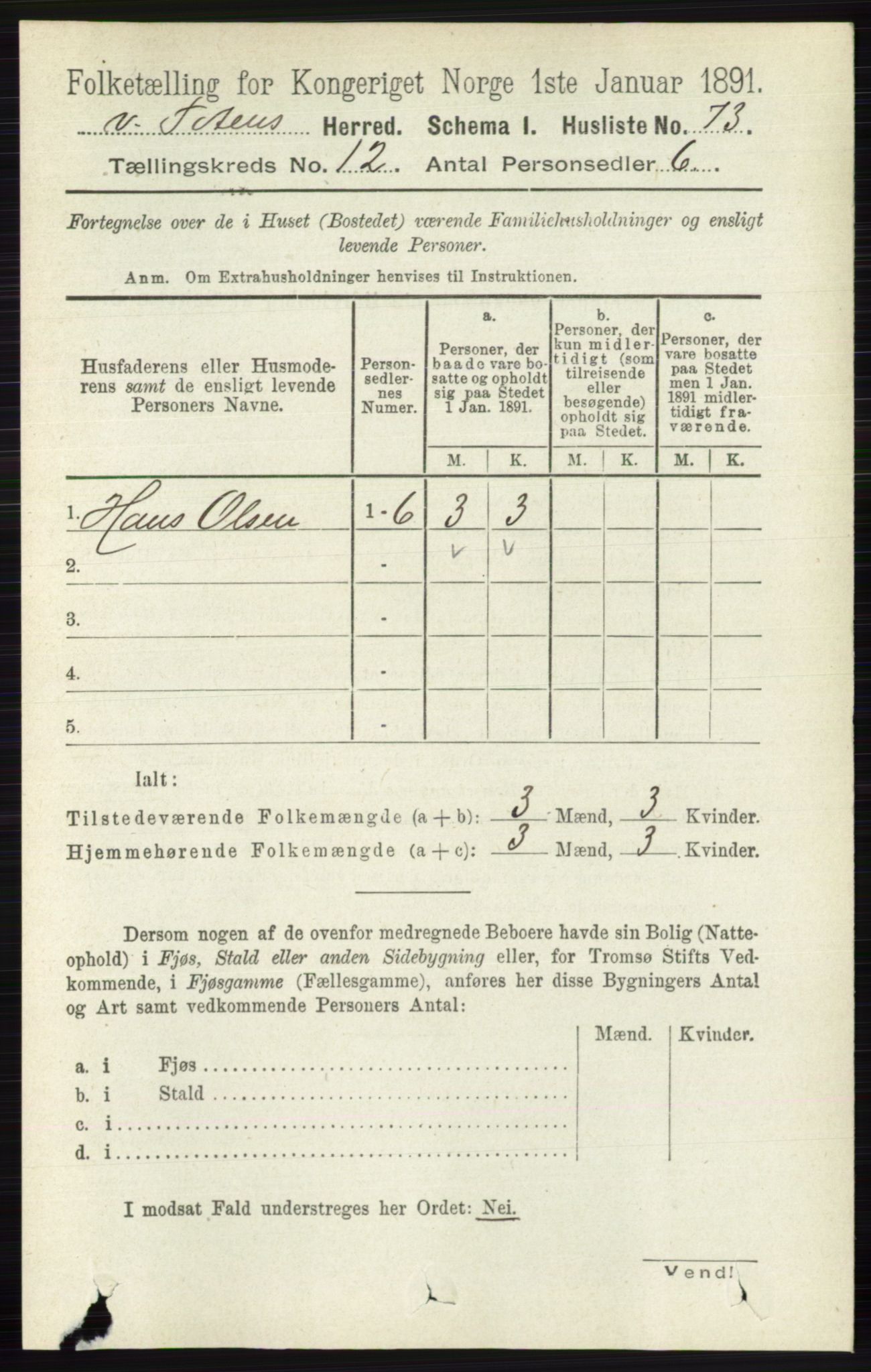 RA, 1891 census for 0529 Vestre Toten, 1891, p. 7273