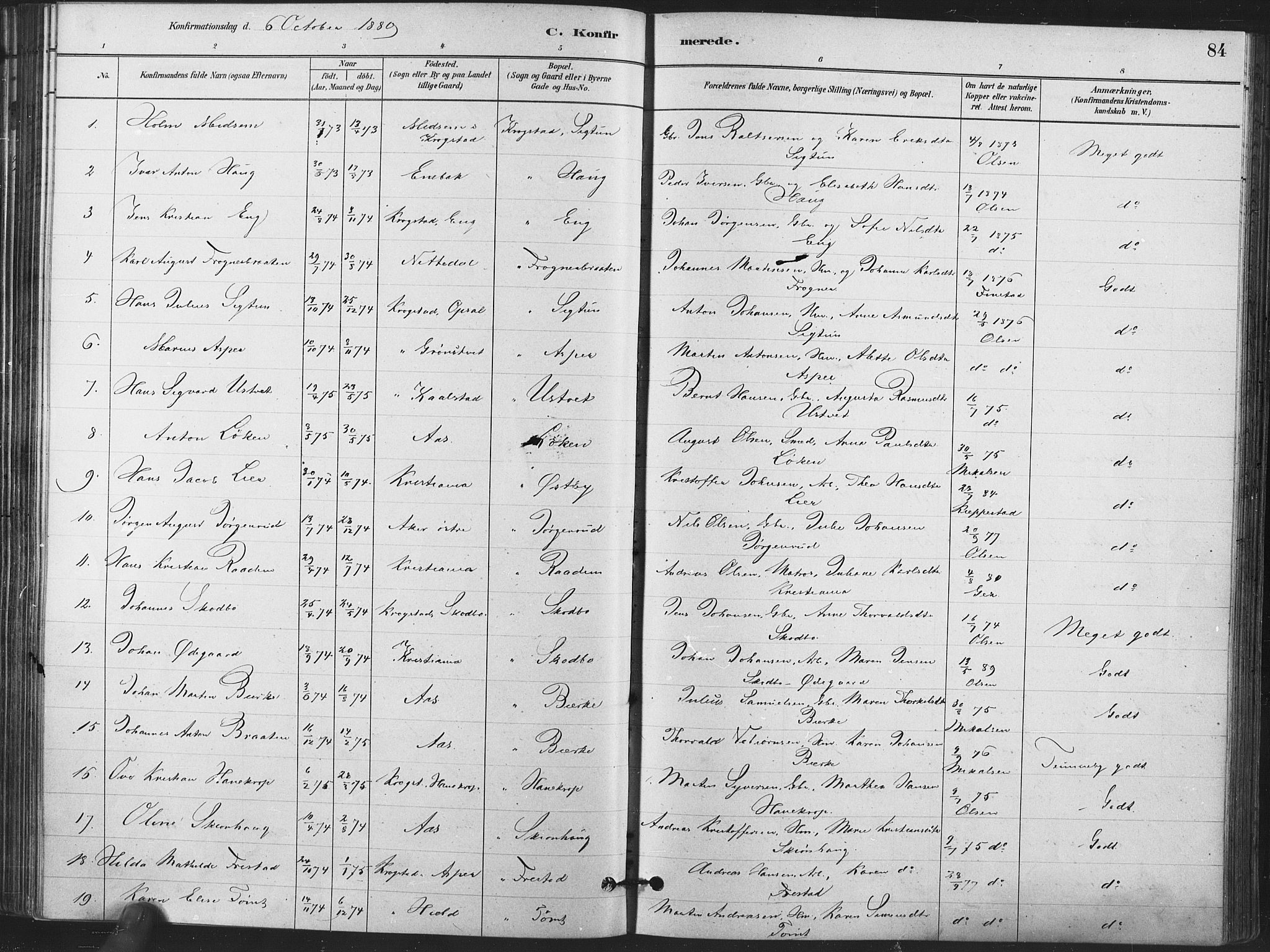 Kråkstad prestekontor Kirkebøker, AV/SAO-A-10125a/F/Fa/L0009: Parish register (official) no. I 9, 1880-1892, p. 84