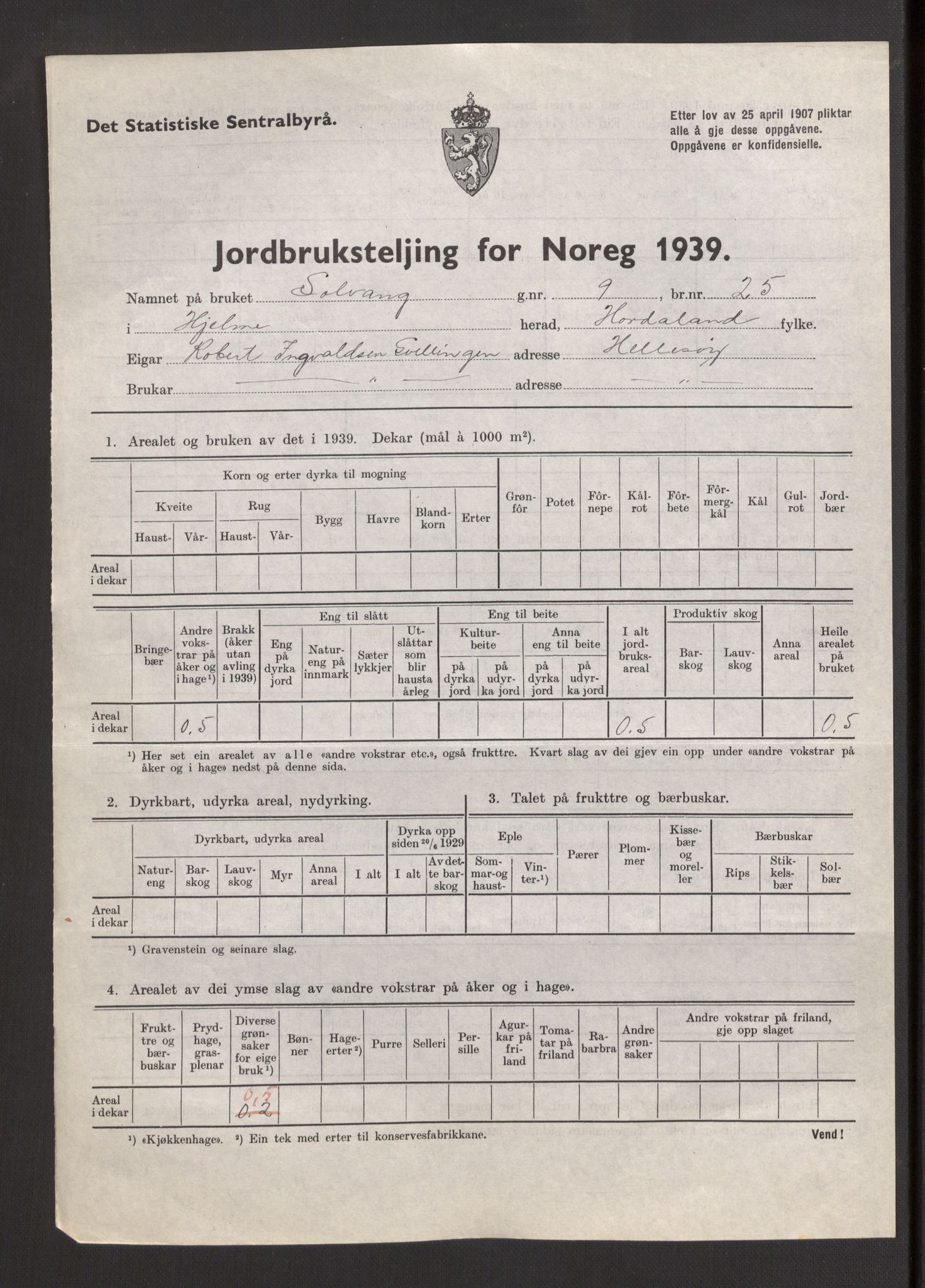 Statistisk sentralbyrå, Næringsøkonomiske emner, Jordbruk, skogbruk, jakt, fiske og fangst, AV/RA-S-2234/G/Gb/L0211: Hordaland: Herdla, Hjelme og Manger, 1939, p. 1153