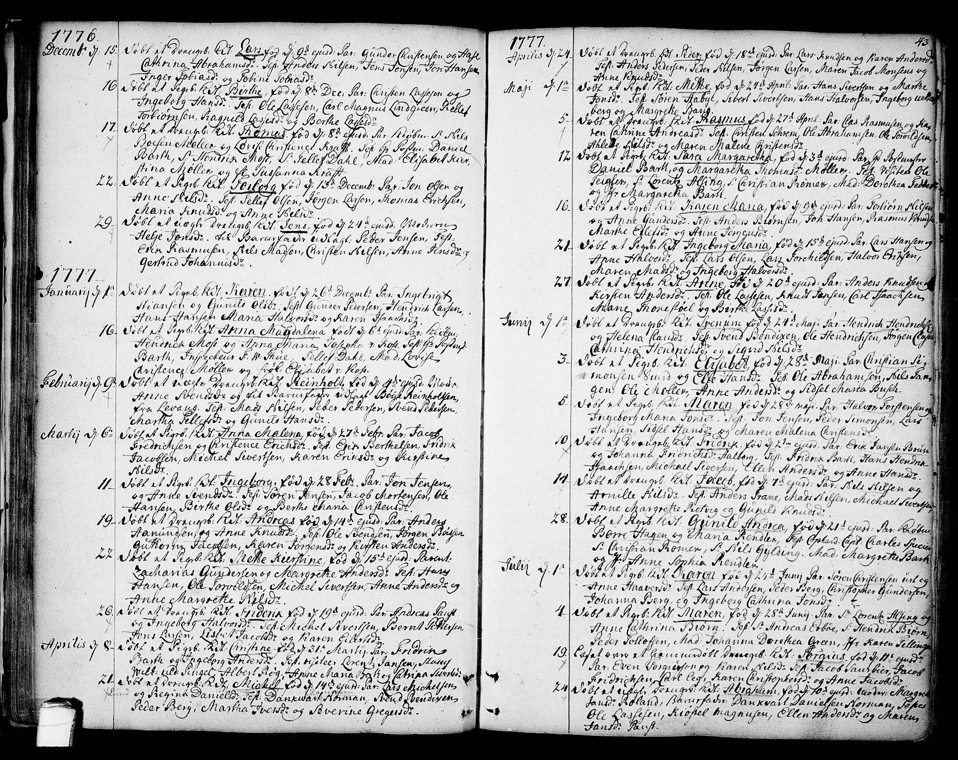 Kragerø kirkebøker, SAKO/A-278/F/Fa/L0002: Parish register (official) no. 2, 1767-1802, p. 43