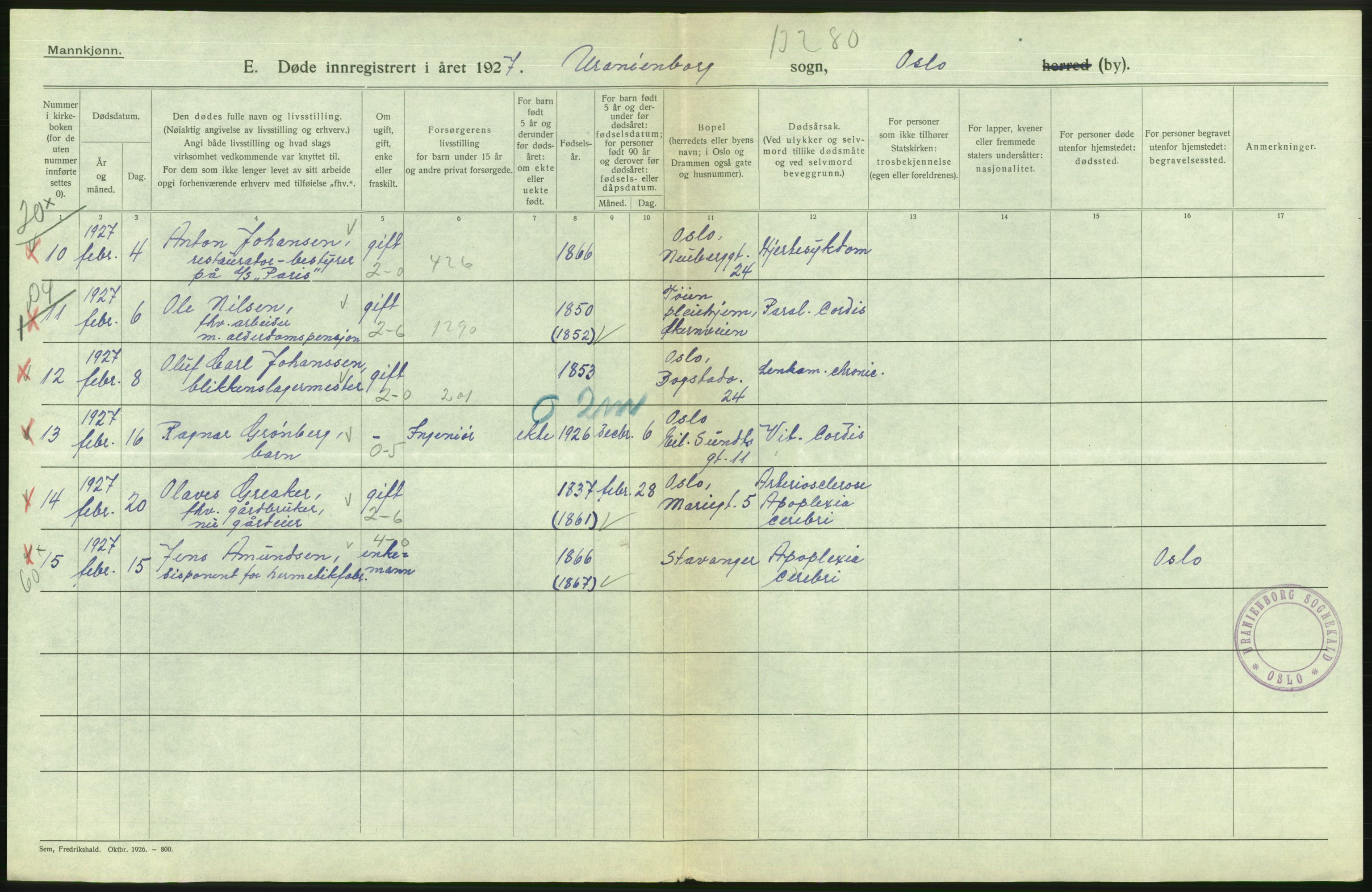 Statistisk sentralbyrå, Sosiodemografiske emner, Befolkning, AV/RA-S-2228/D/Df/Dfc/Dfcg/L0009: Oslo: Døde menn, 1927, p. 144