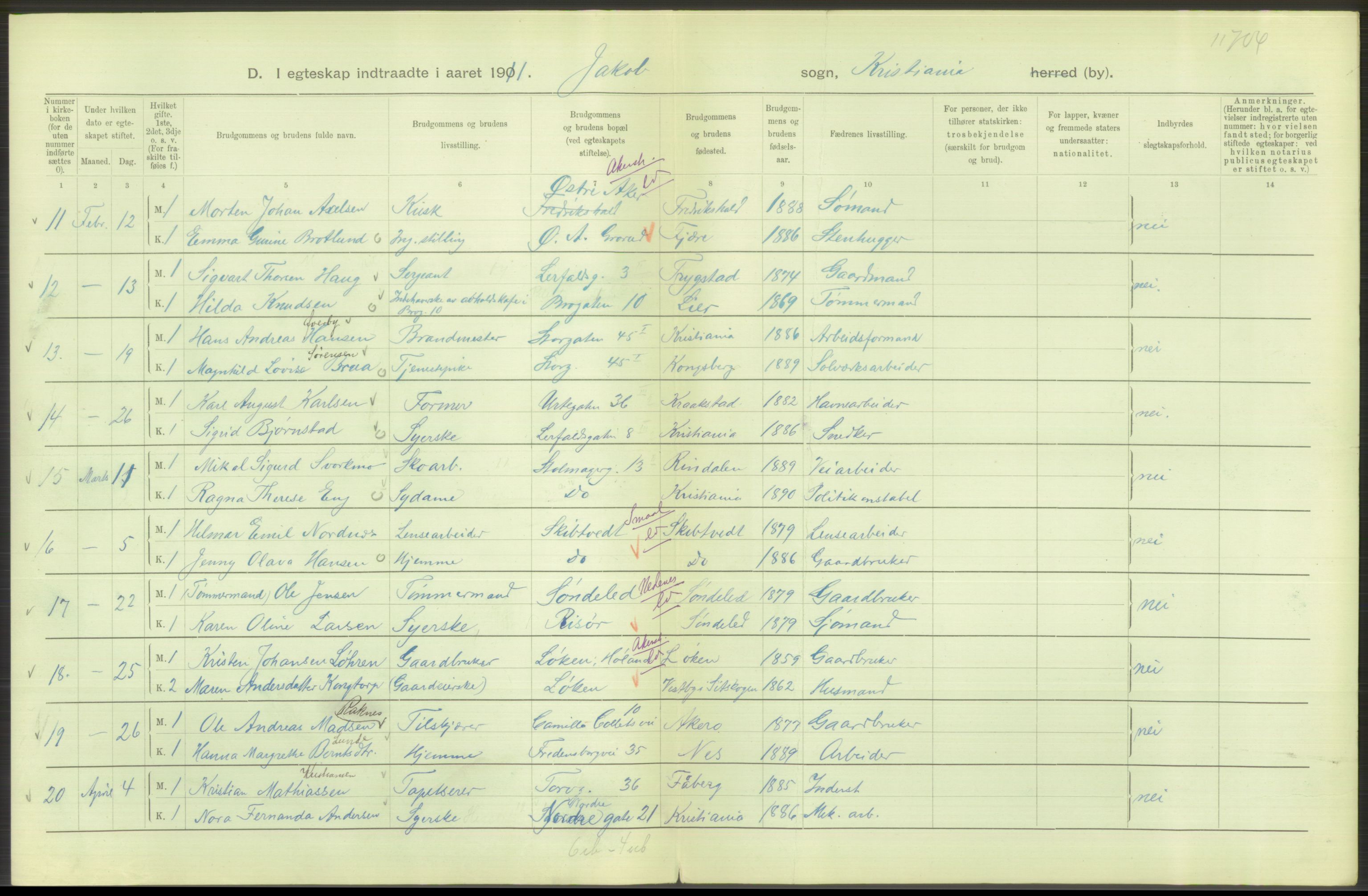 Statistisk sentralbyrå, Sosiodemografiske emner, Befolkning, AV/RA-S-2228/D/Df/Dfb/Dfba/L0008: Kristiania: Gifte, 1911, p. 116