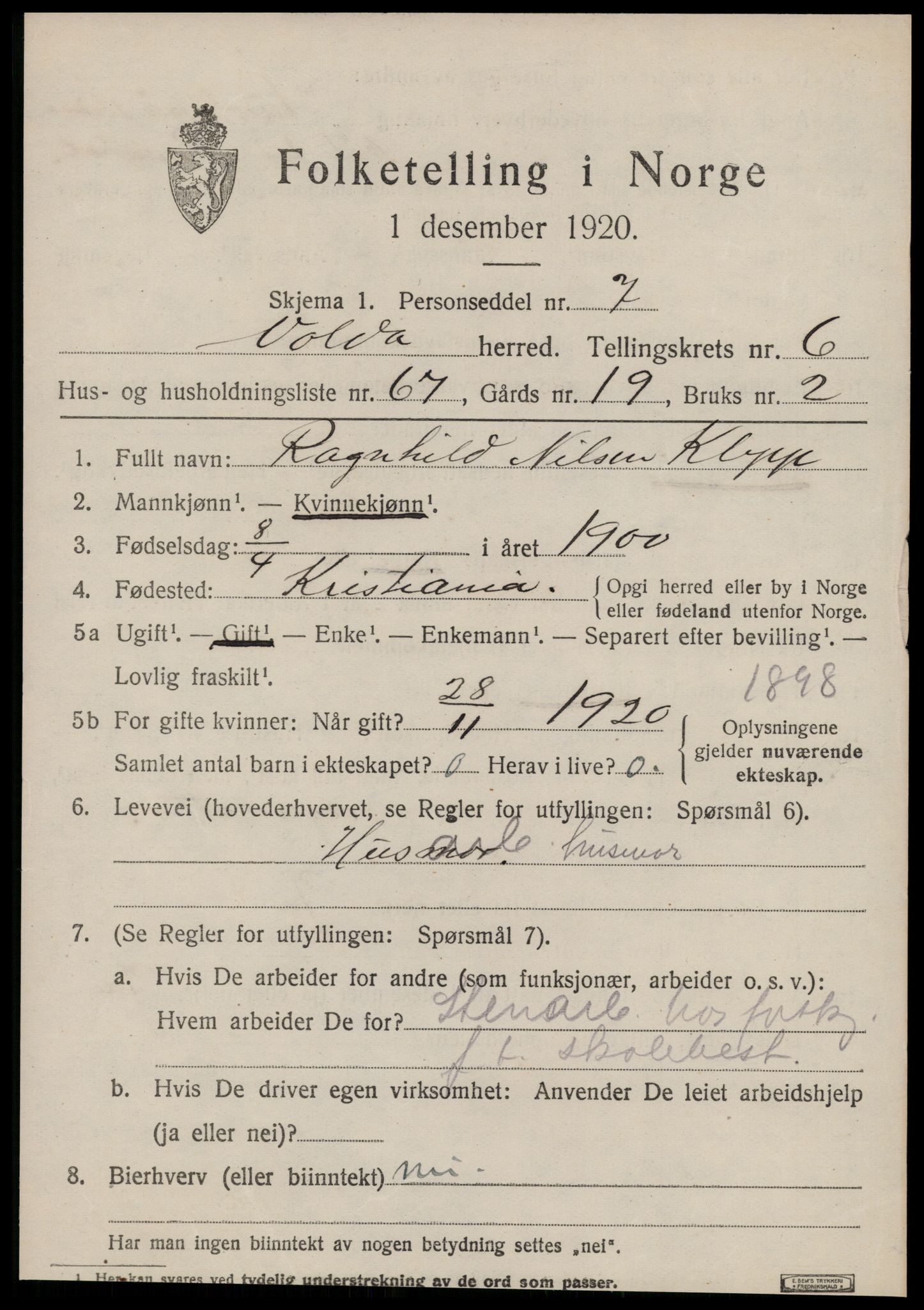 SAT, 1920 census for Volda, 1920, p. 6126