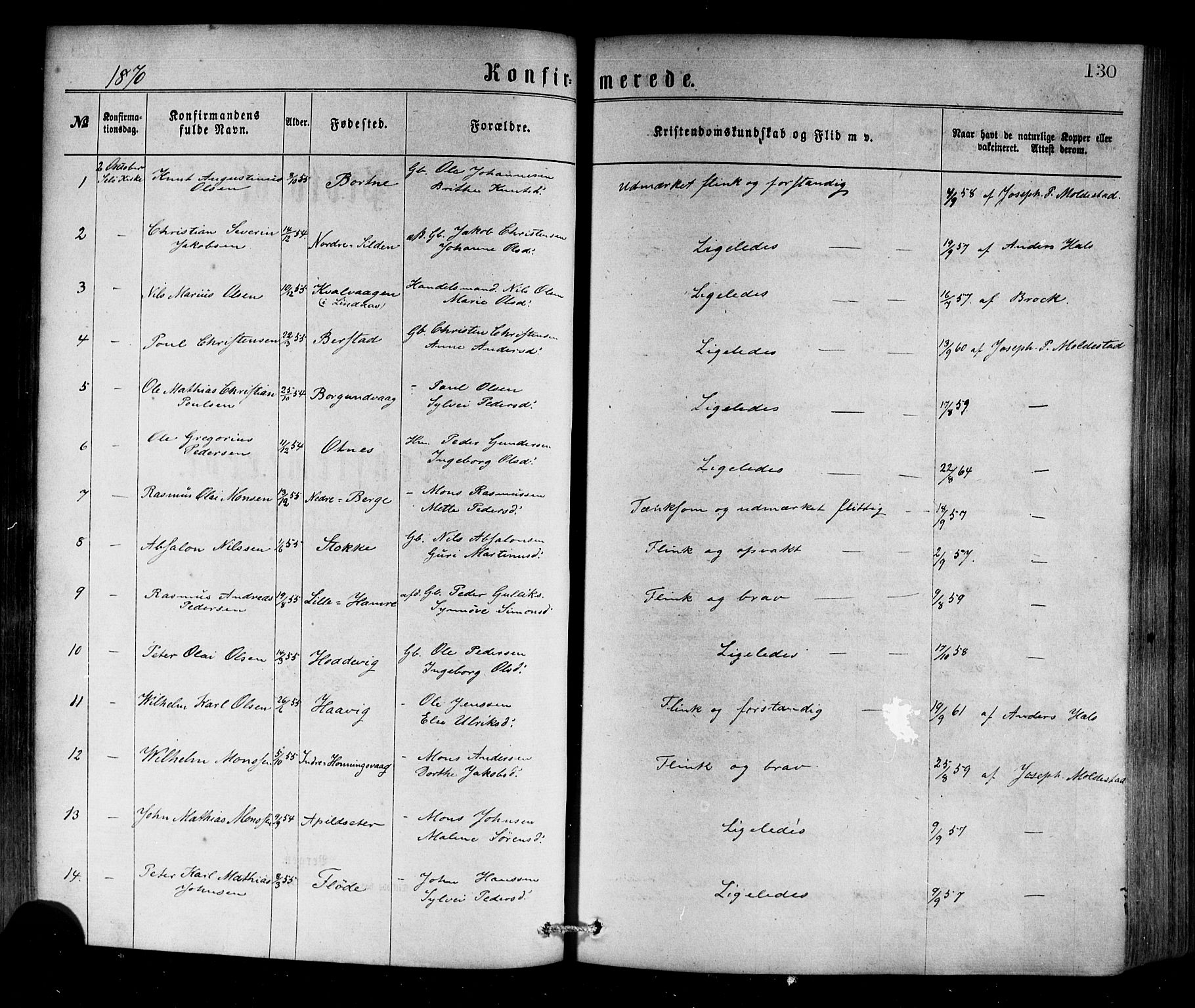 Selje sokneprestembete, SAB/A-99938/H/Ha/Haa/Haaa: Parish register (official) no. A 12, 1870-1880, p. 130