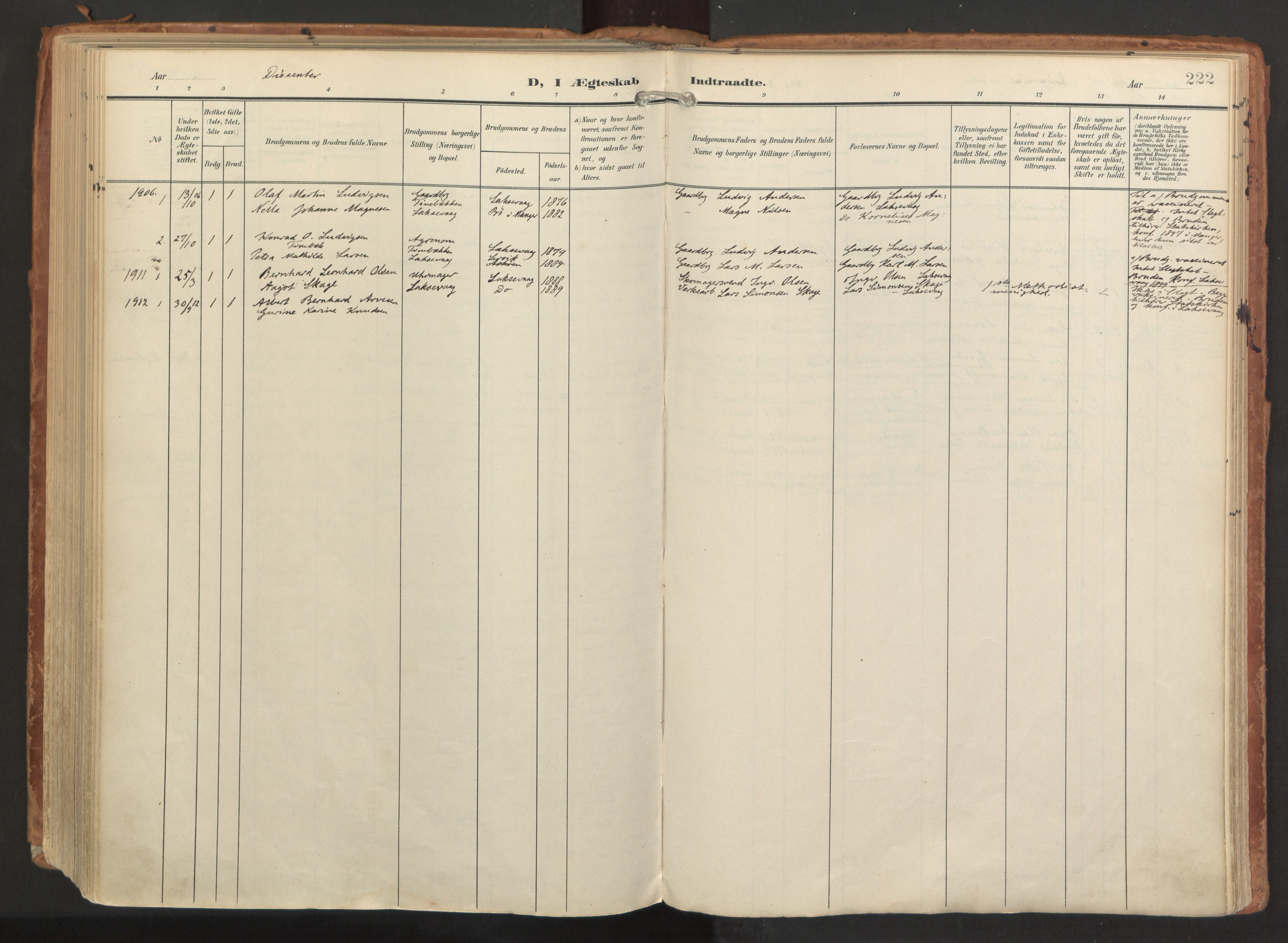 Laksevåg Sokneprestembete, AV/SAB-A-76501/H/Ha/Haa/Haaa/L0001: Parish register (official) no. A 1, 1903-1917, p. 222