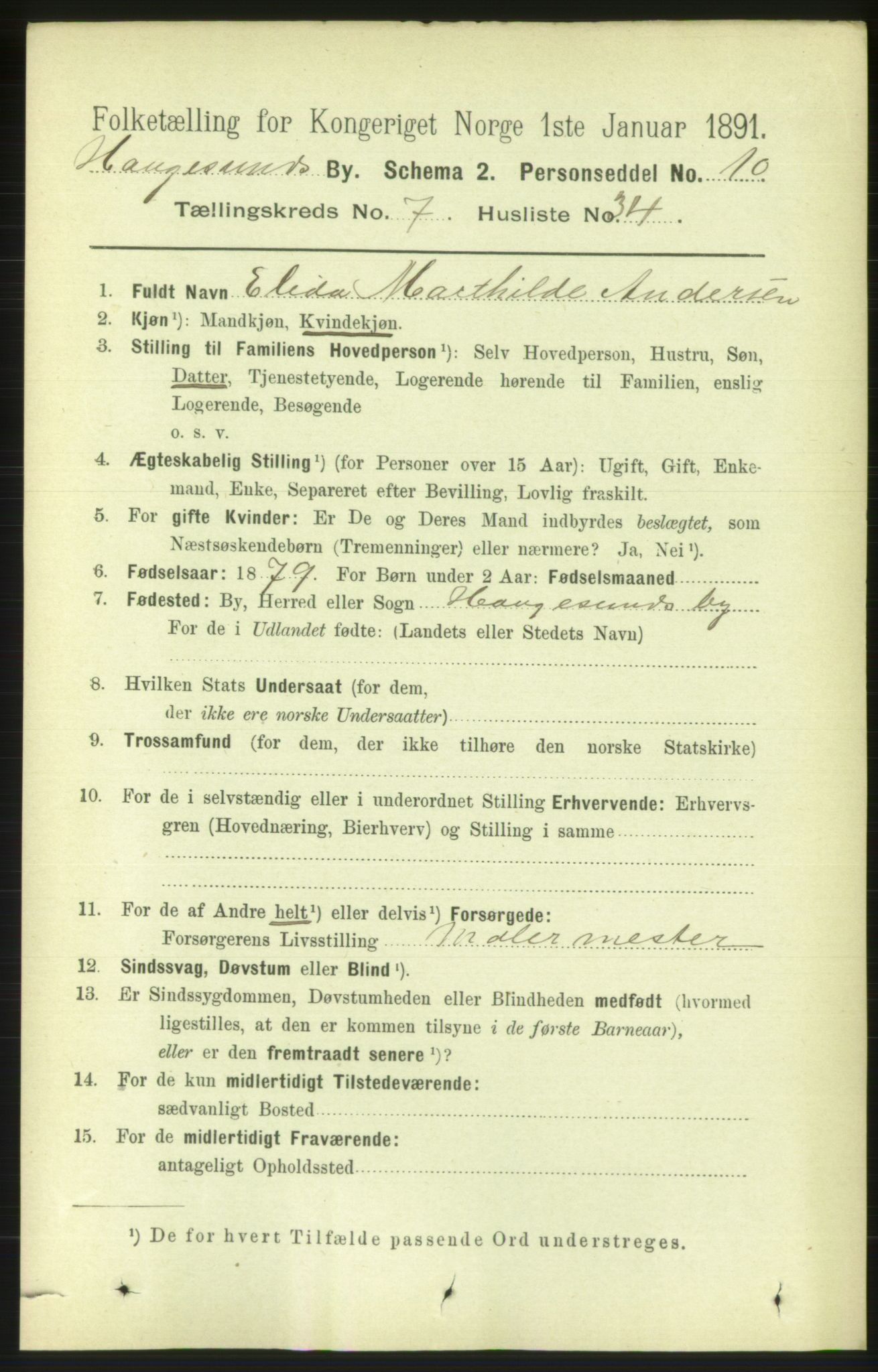 RA, 1891 census for 1106 Haugesund, 1891, p. 3472
