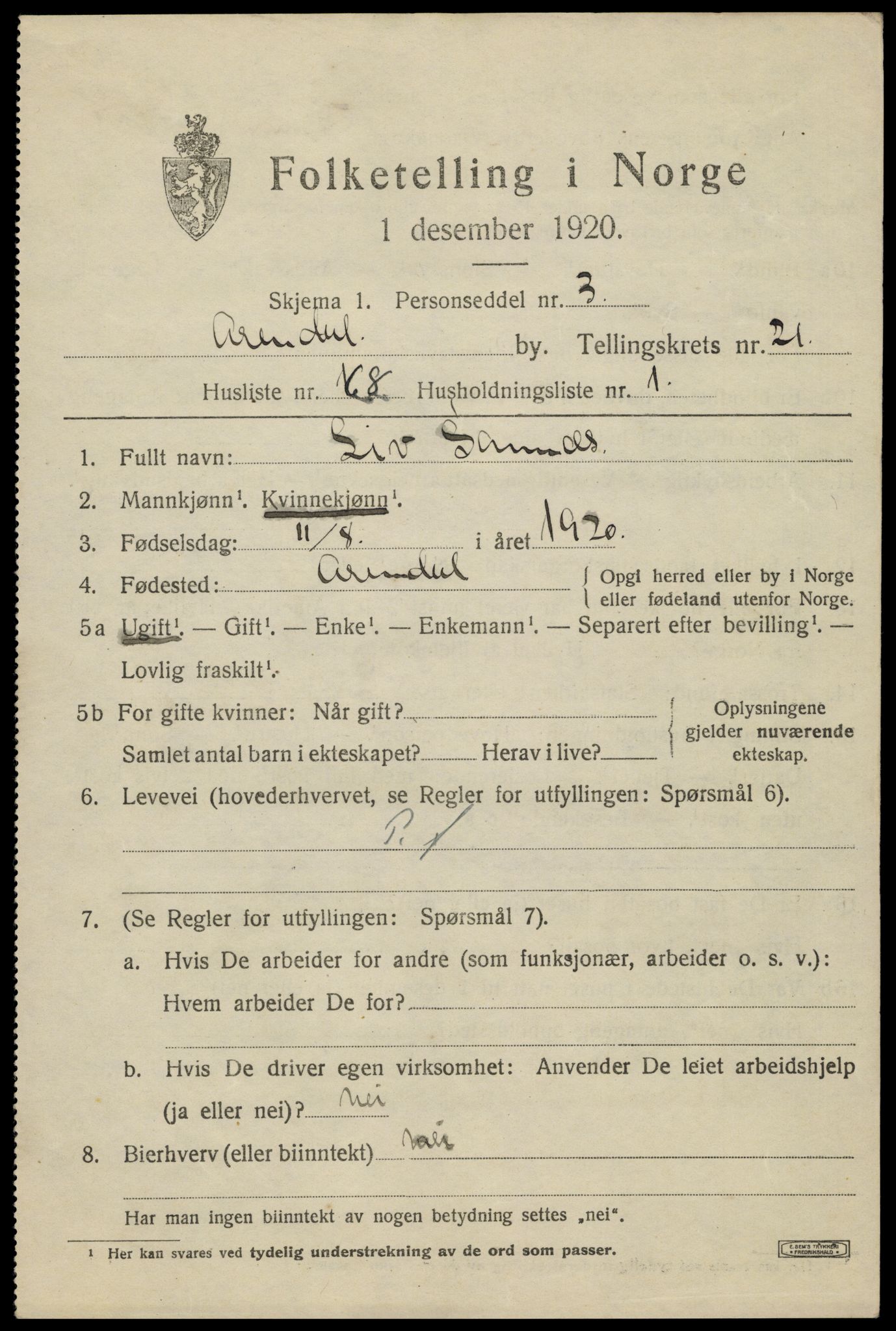 SAK, 1920 census for Arendal, 1920, p. 28118