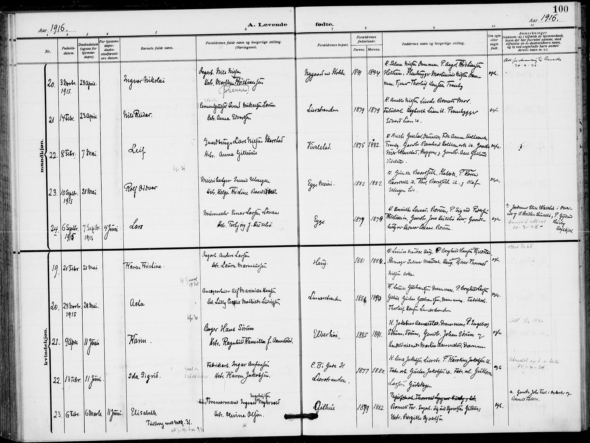 Lier kirkebøker, AV/SAKO-A-230/F/Fa/L0018: Parish register (official) no. I 18, 1909-1917, p. 100