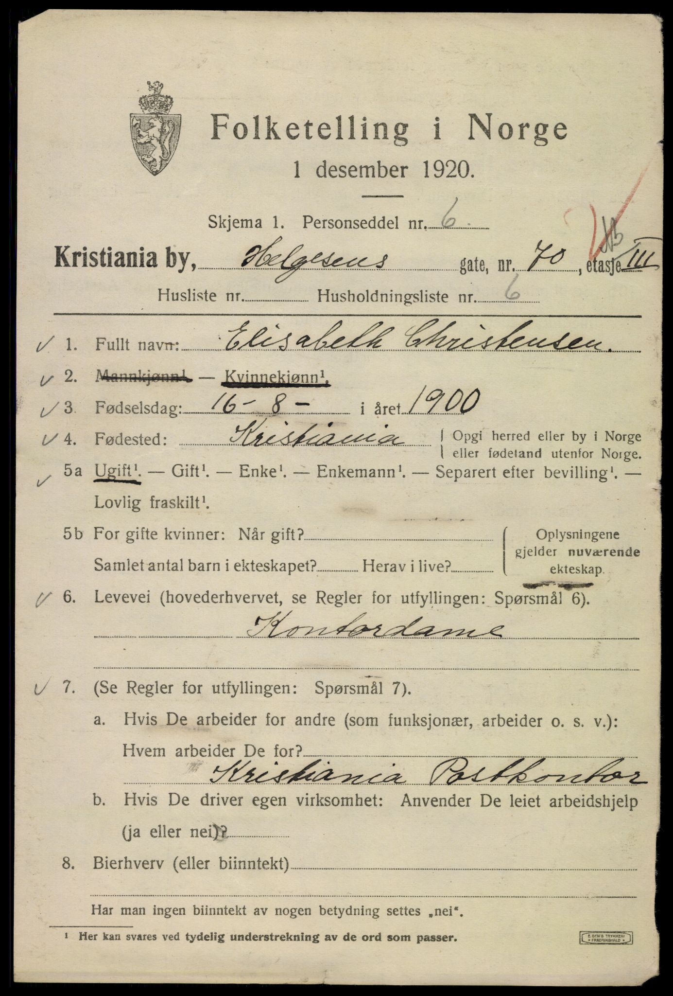 SAO, 1920 census for Kristiania, 1920, p. 286601