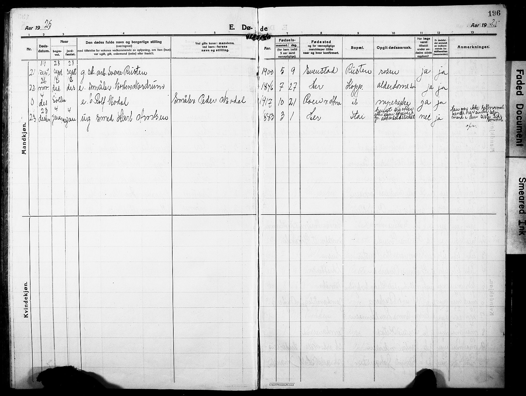 Stor-Elvdal prestekontor, SAH/PREST-052/H/Ha/Hab/L0005: Parish register (copy) no. 5, 1913-1932, p. 196