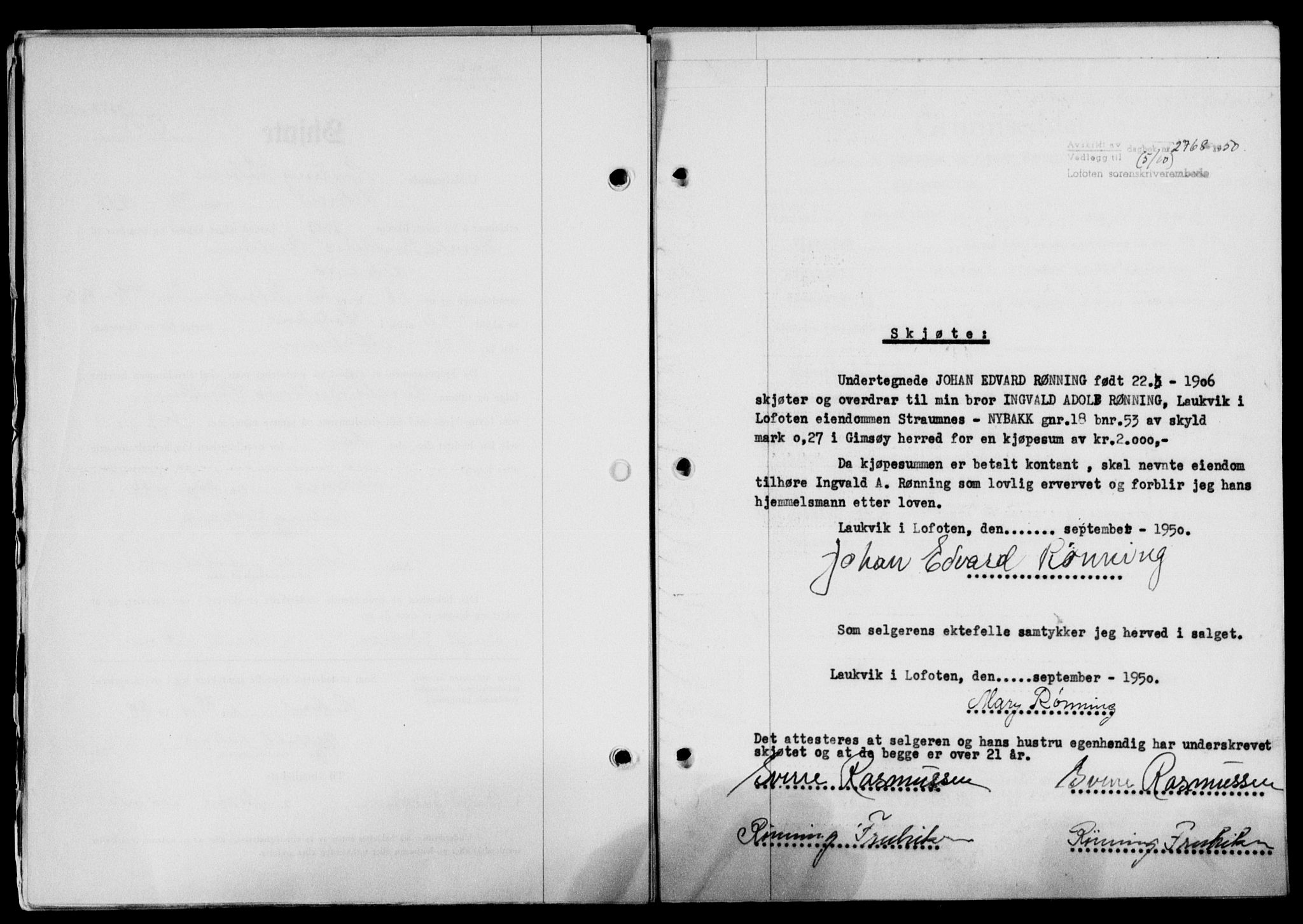 Lofoten sorenskriveri, SAT/A-0017/1/2/2C/L0024a: Mortgage book no. 24a, 1950-1950, Diary no: : 2768/1950