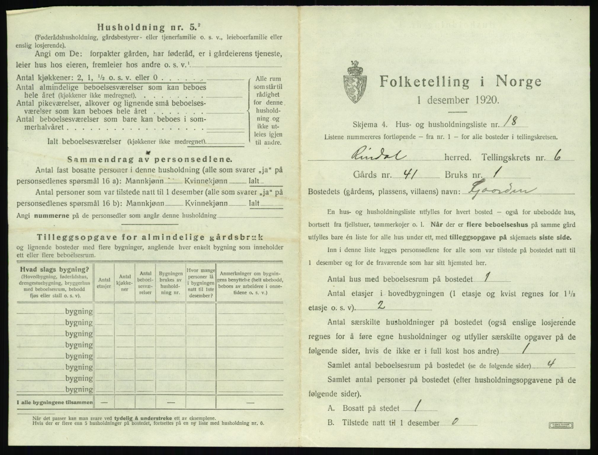 SAT, 1920 census for Rindal, 1920, p. 466