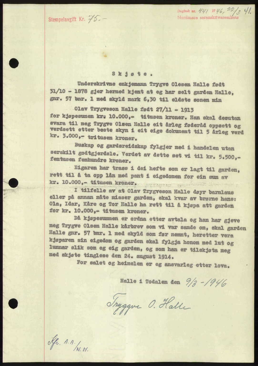 Nordmøre sorenskriveri, AV/SAT-A-4132/1/2/2Ca: Mortgage book no. A101, 1946-1946, Diary no: : 441/1946