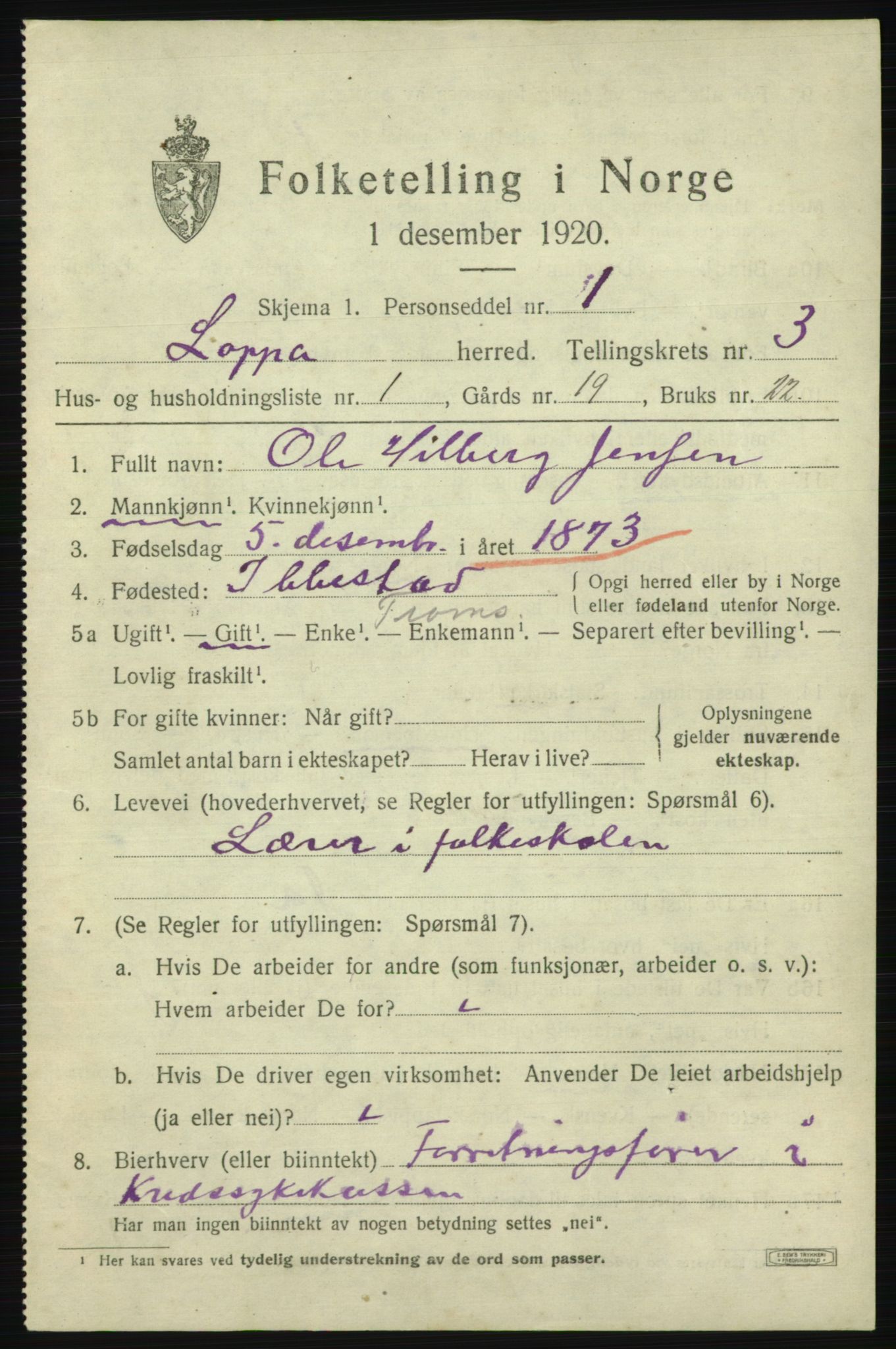 SATØ, 1920 census for Loppa, 1920, p. 1014