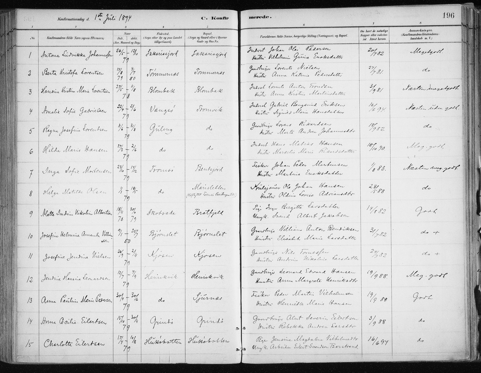 Tromsøysund sokneprestkontor, AV/SATØ-S-1304/G/Ga/L0005kirke: Parish register (official) no. 5, 1888-1896, p. 196