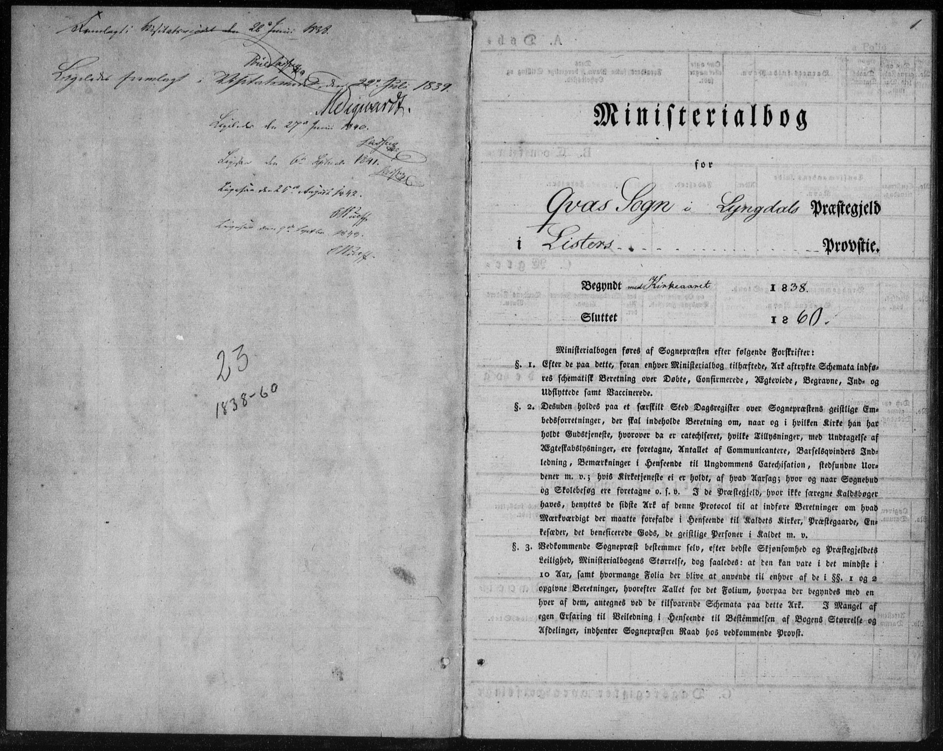 Lyngdal sokneprestkontor, SAK/1111-0029/F/Fa/Fab/L0001: Parish register (official) no. A 1, 1838-1860, p. 1