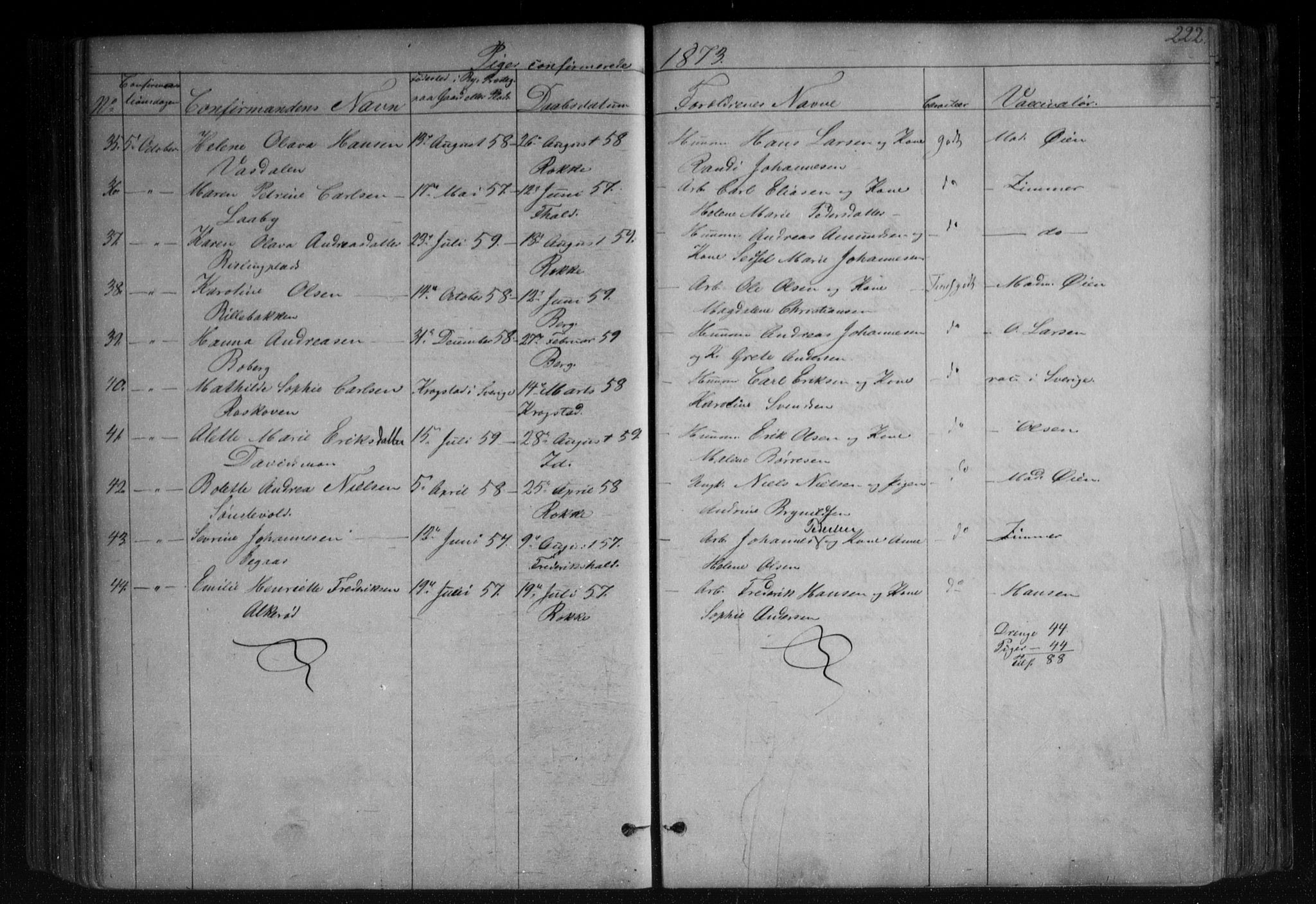 Berg prestekontor Kirkebøker, AV/SAO-A-10902/F/Fa/L0005: Parish register (official) no. I 5, 1861-1877, p. 222