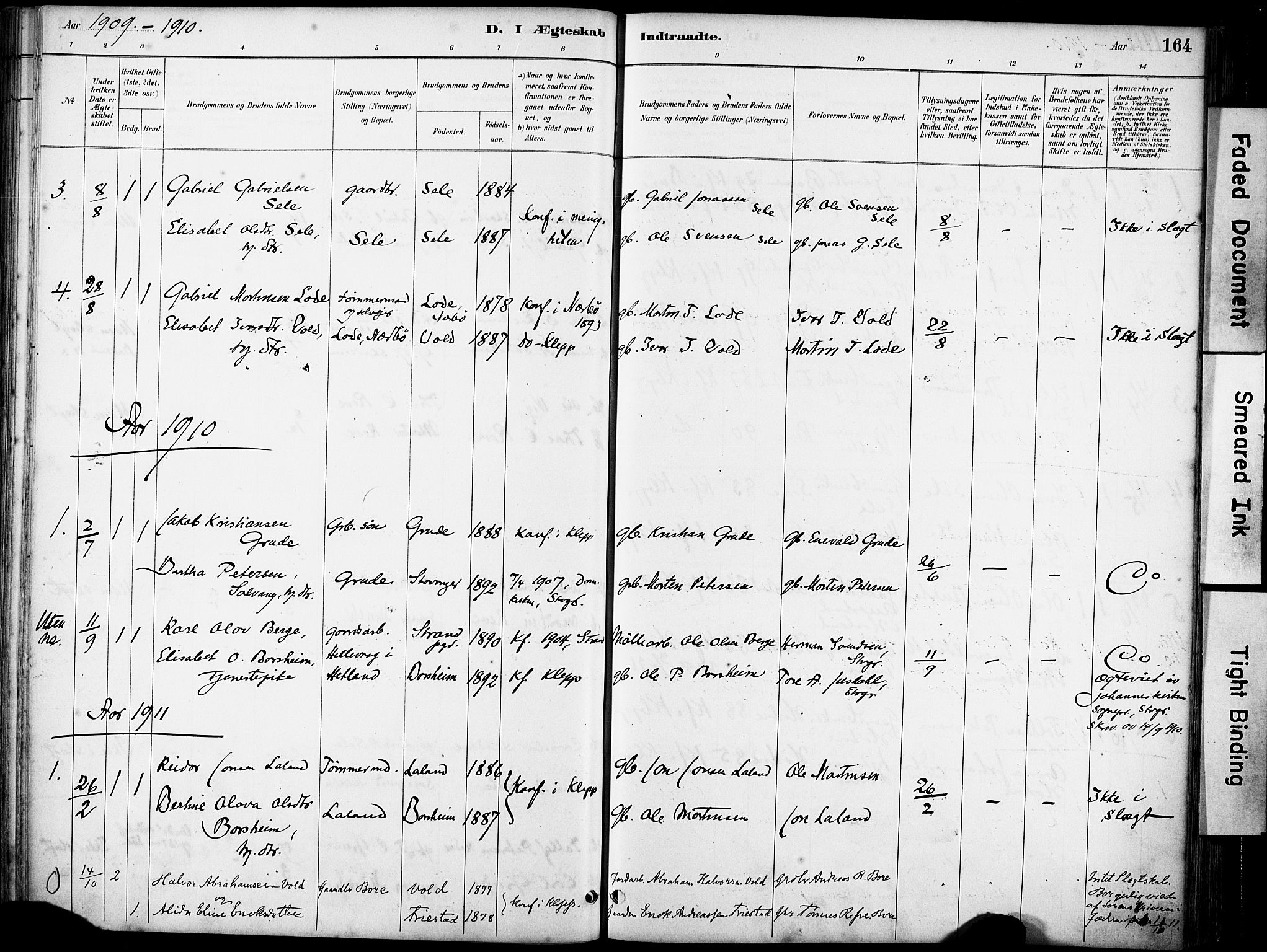 Klepp sokneprestkontor, SAST/A-101803/001/3/30BA/L0008: Parish register (official) no. A 9, 1886-1919, p. 164