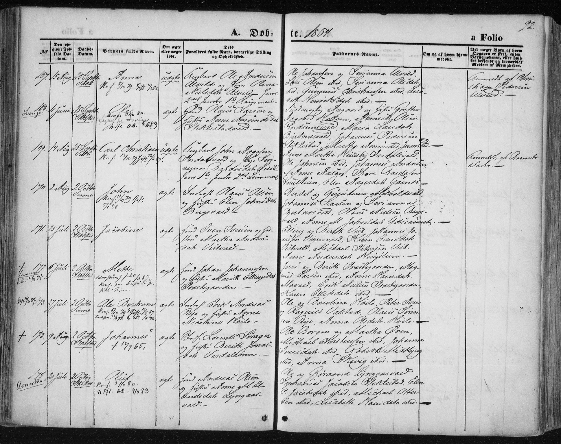 Ministerialprotokoller, klokkerbøker og fødselsregistre - Nord-Trøndelag, SAT/A-1458/723/L0241: Parish register (official) no. 723A10, 1860-1869, p. 92