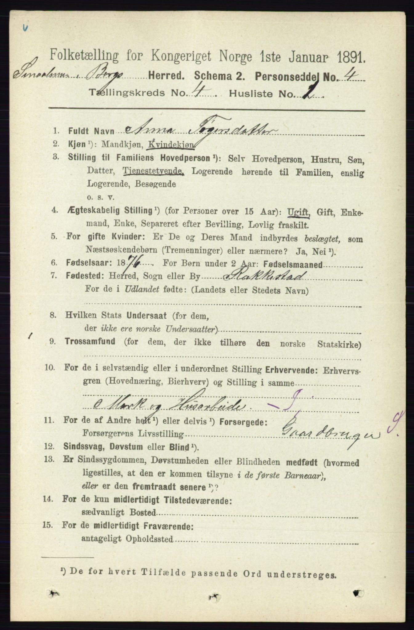 RA, 1891 census for 0116 Berg, 1891, p. 2816
