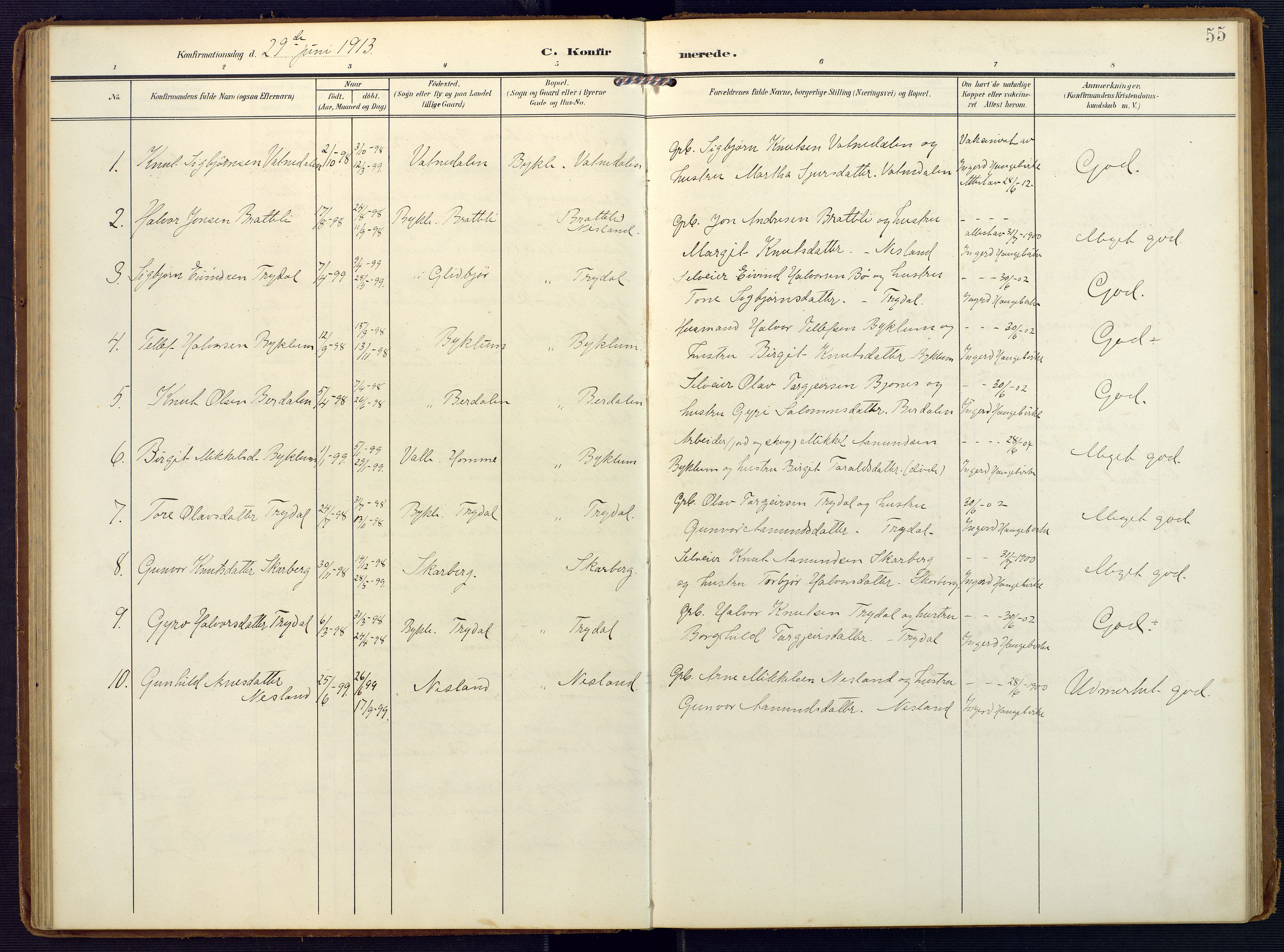 Valle sokneprestkontor, SAK/1111-0044/F/Fa/Faa/L0002: Parish register (official) no. A 2, 1907-1919, p. 55