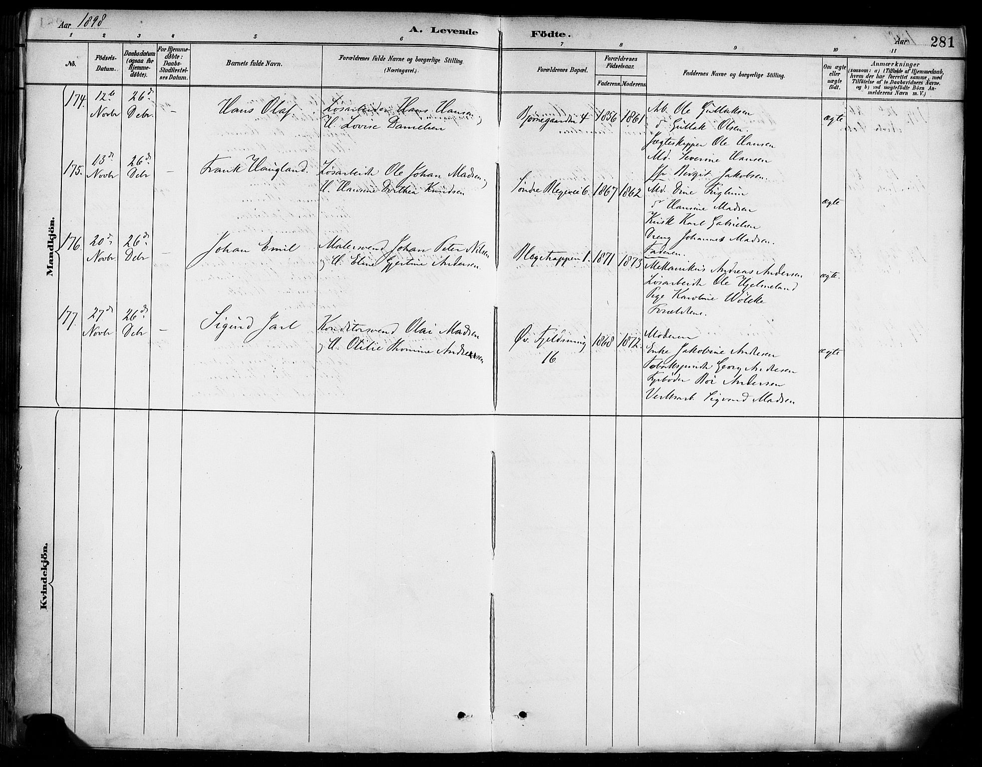 Korskirken sokneprestembete, AV/SAB-A-76101/H/Haa/L0022: Parish register (official) no. B 8, 1889-1899, p. 281