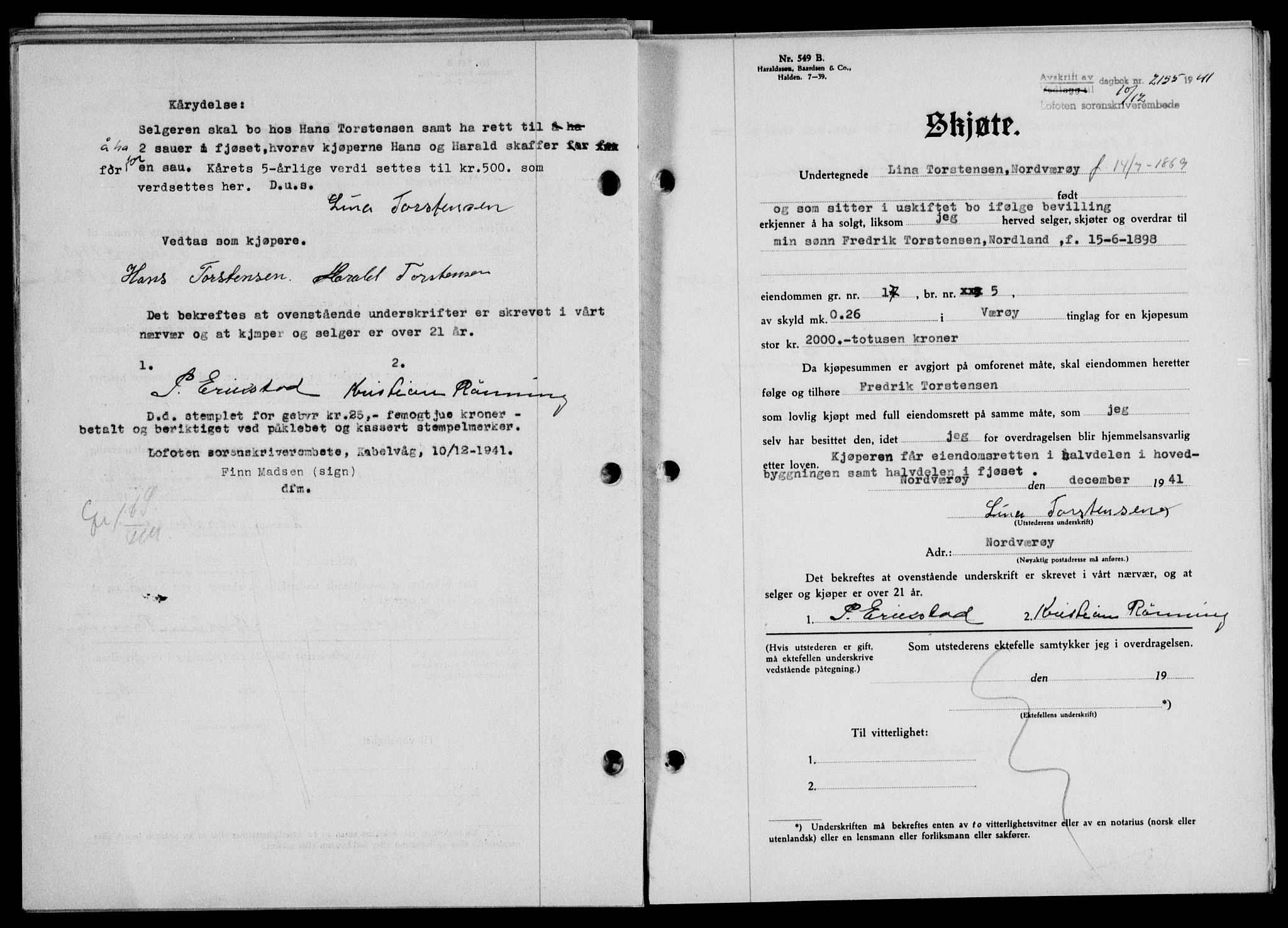 Lofoten sorenskriveri, SAT/A-0017/1/2/2C/L0009a: Mortgage book no. 9a, 1941-1942, Diary no: : 2155/1941